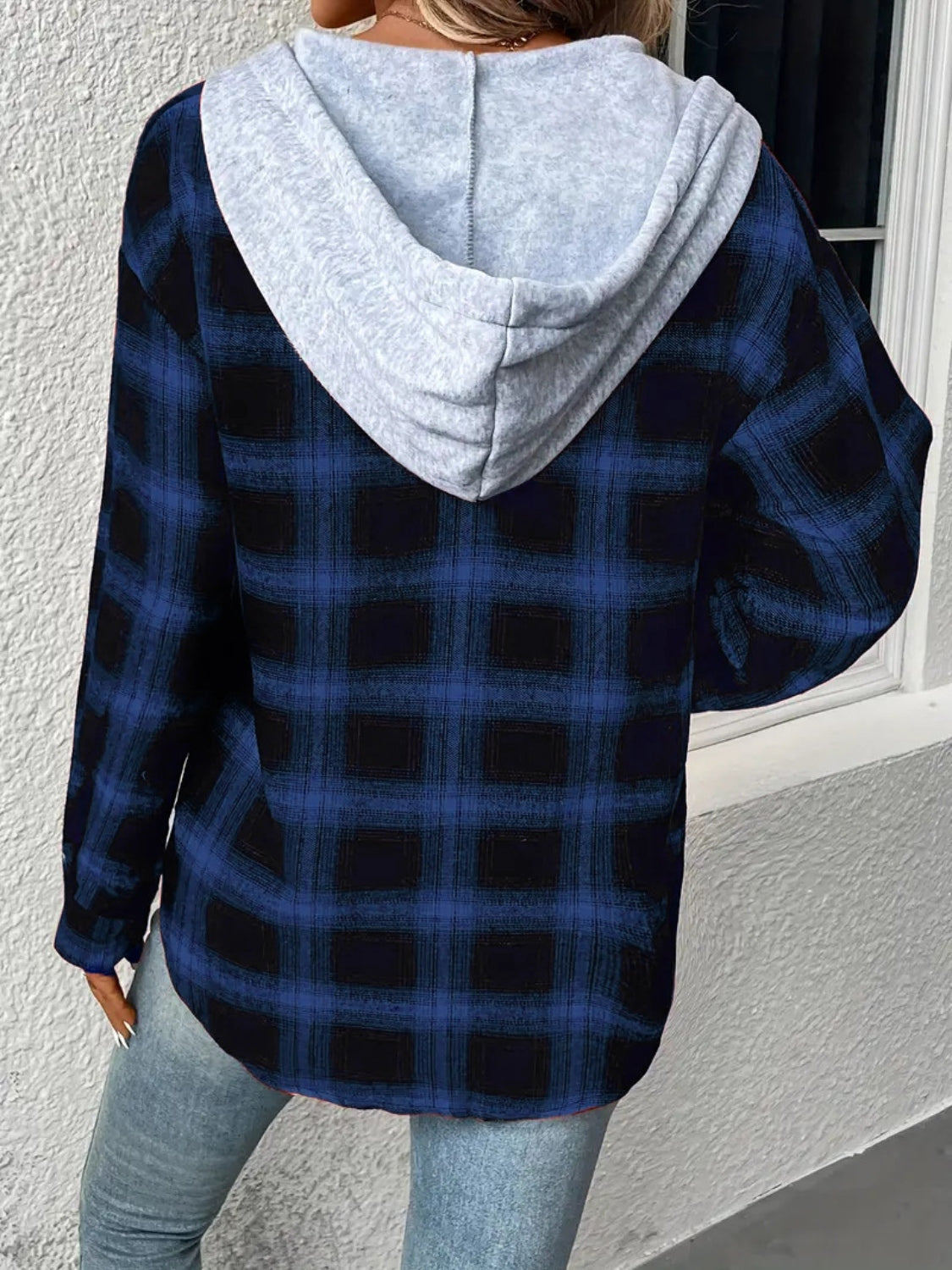 Plaid Drawstring Button Up Hooded Jacket nicholesgifts