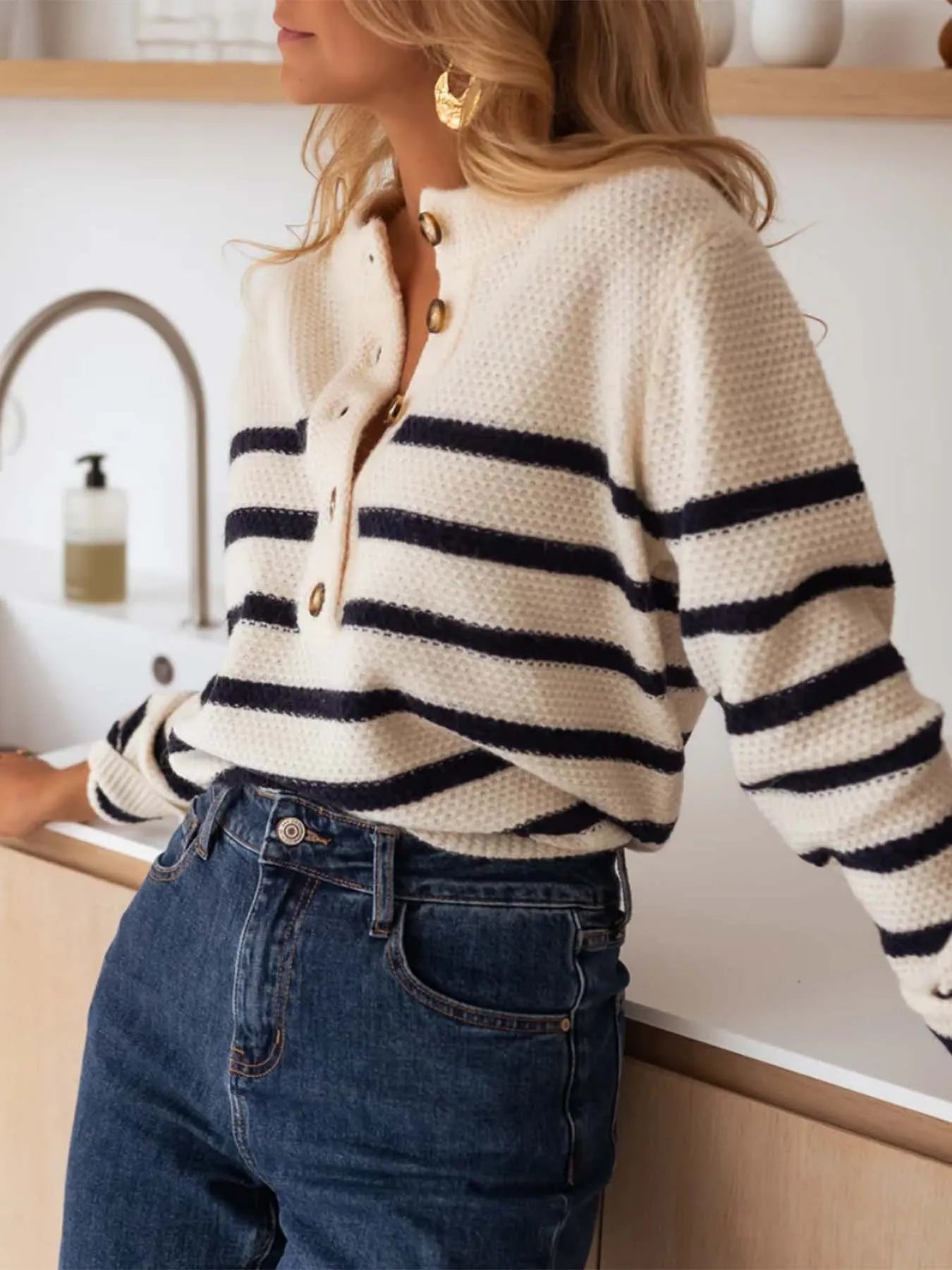 Striped Button-Front Sweater Trendsi