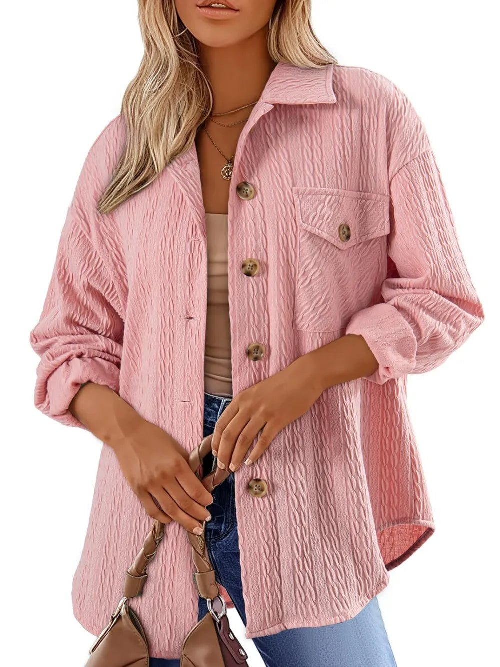 Textured Button Up Long Sleeve Shacket nicholesgifts