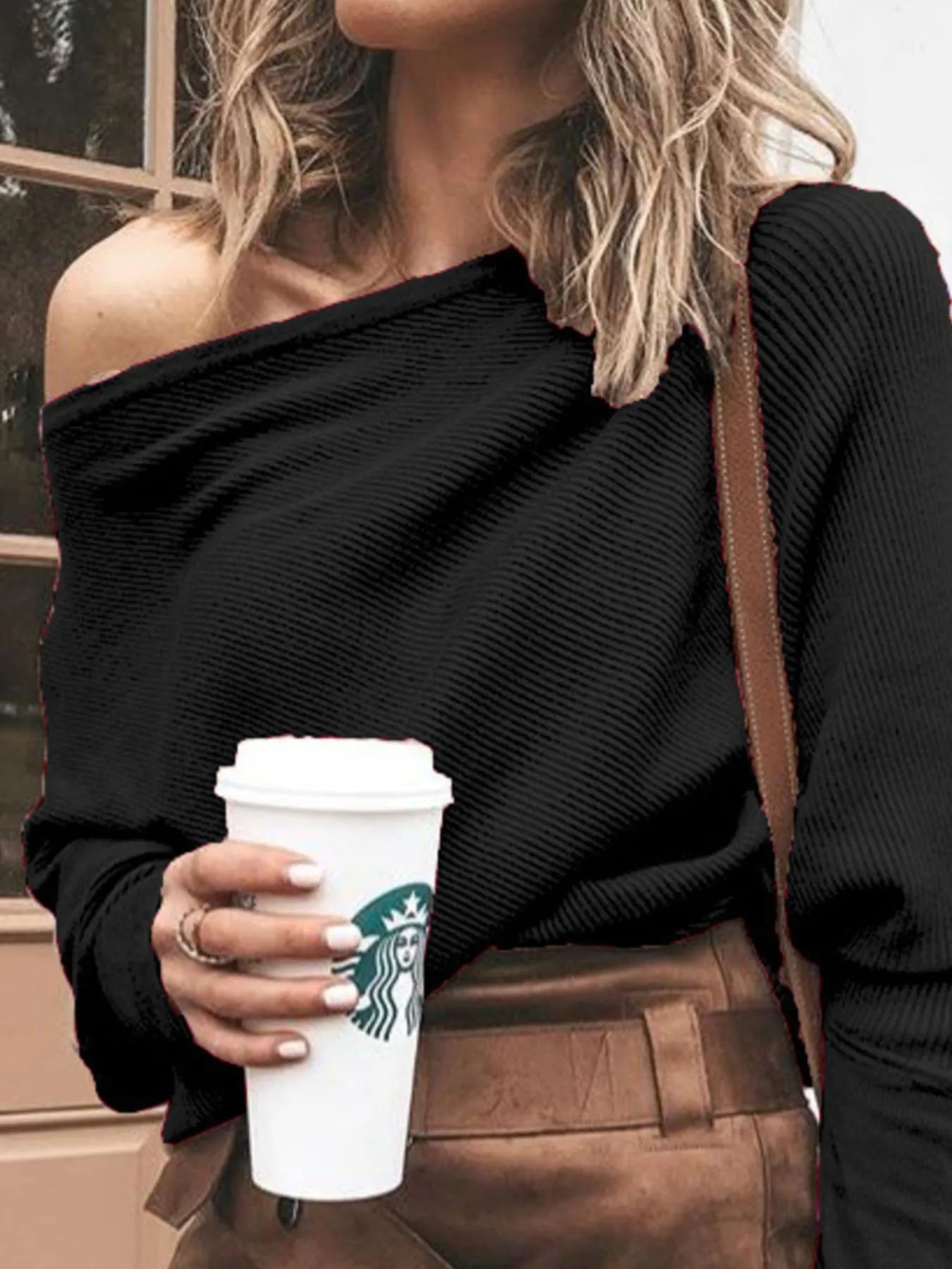 Full Size One-Shoulder Ribbed Sweater Plus Size Trendsi