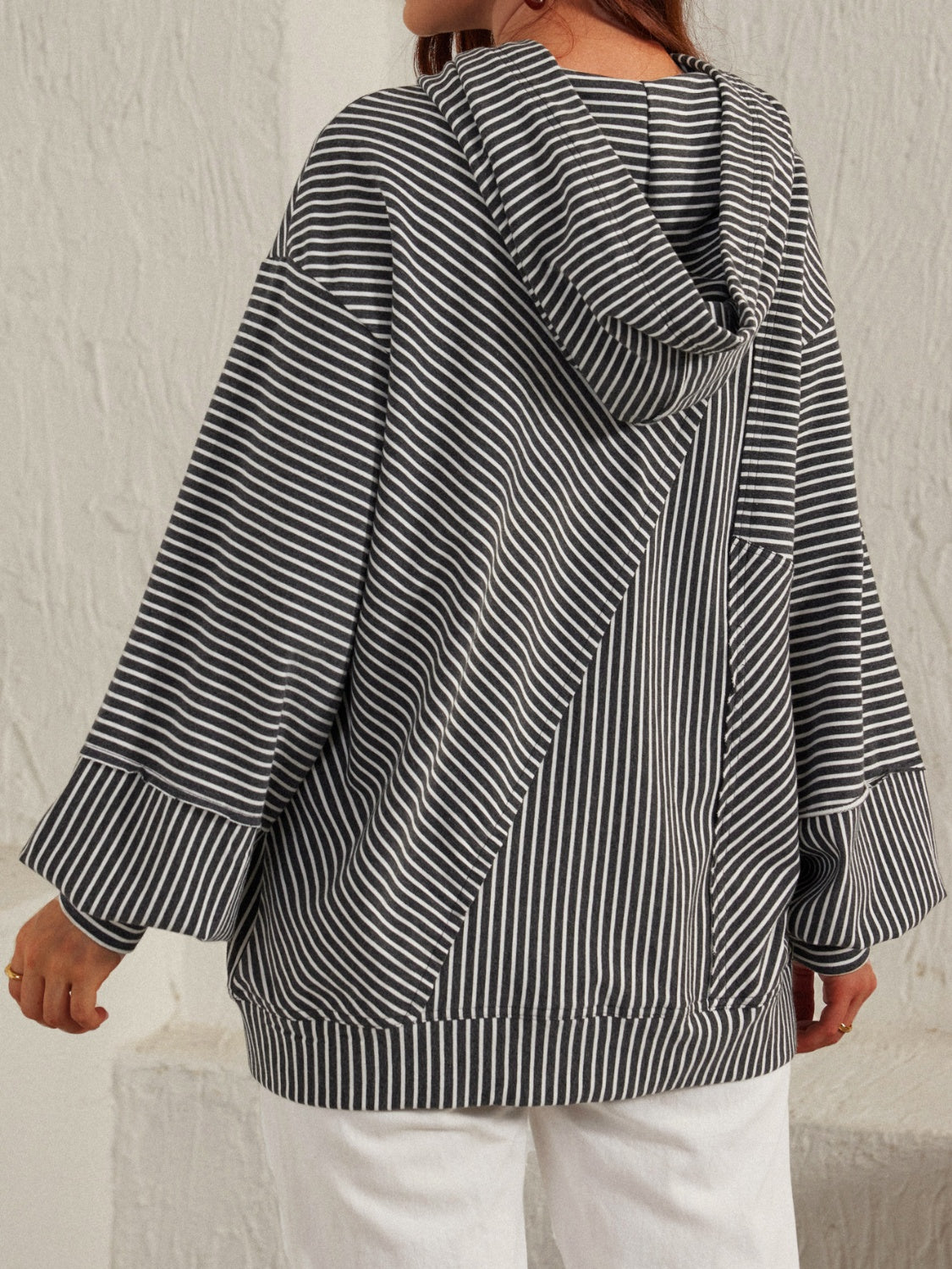 Women Slit Drawstring Striped Long Sleeve Hoodie nicholesgifts