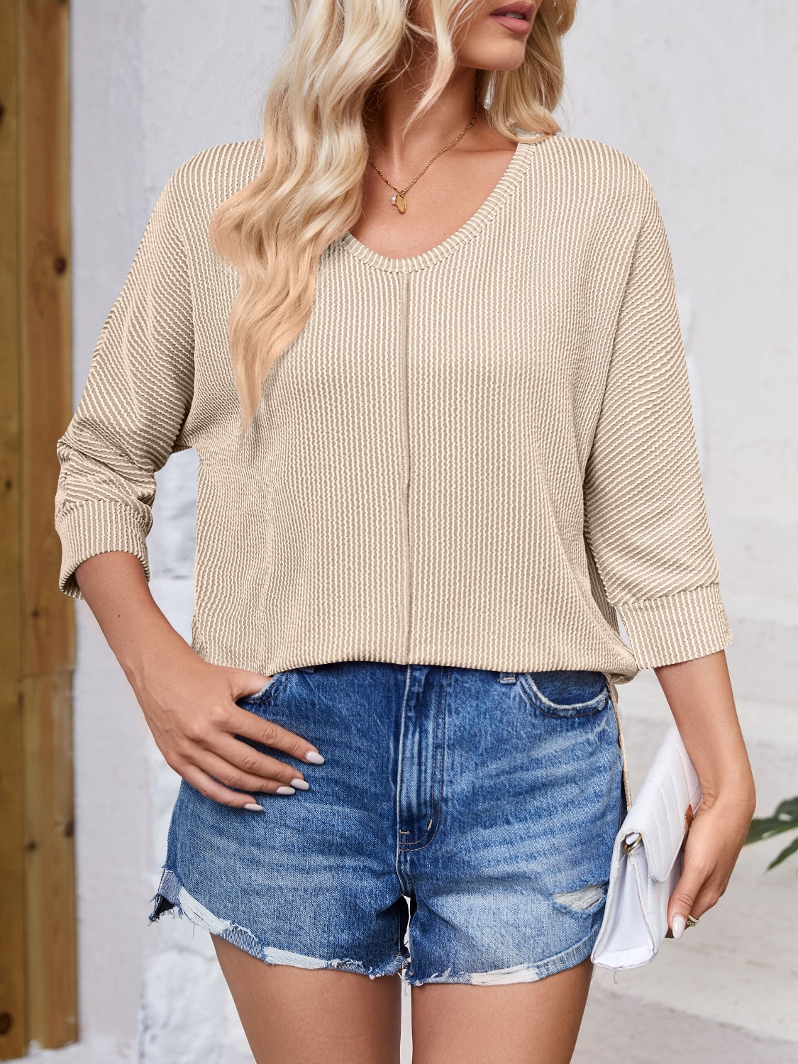 Textured Round Neck Three-Quarter Sleeve Blouse nicholesgifts