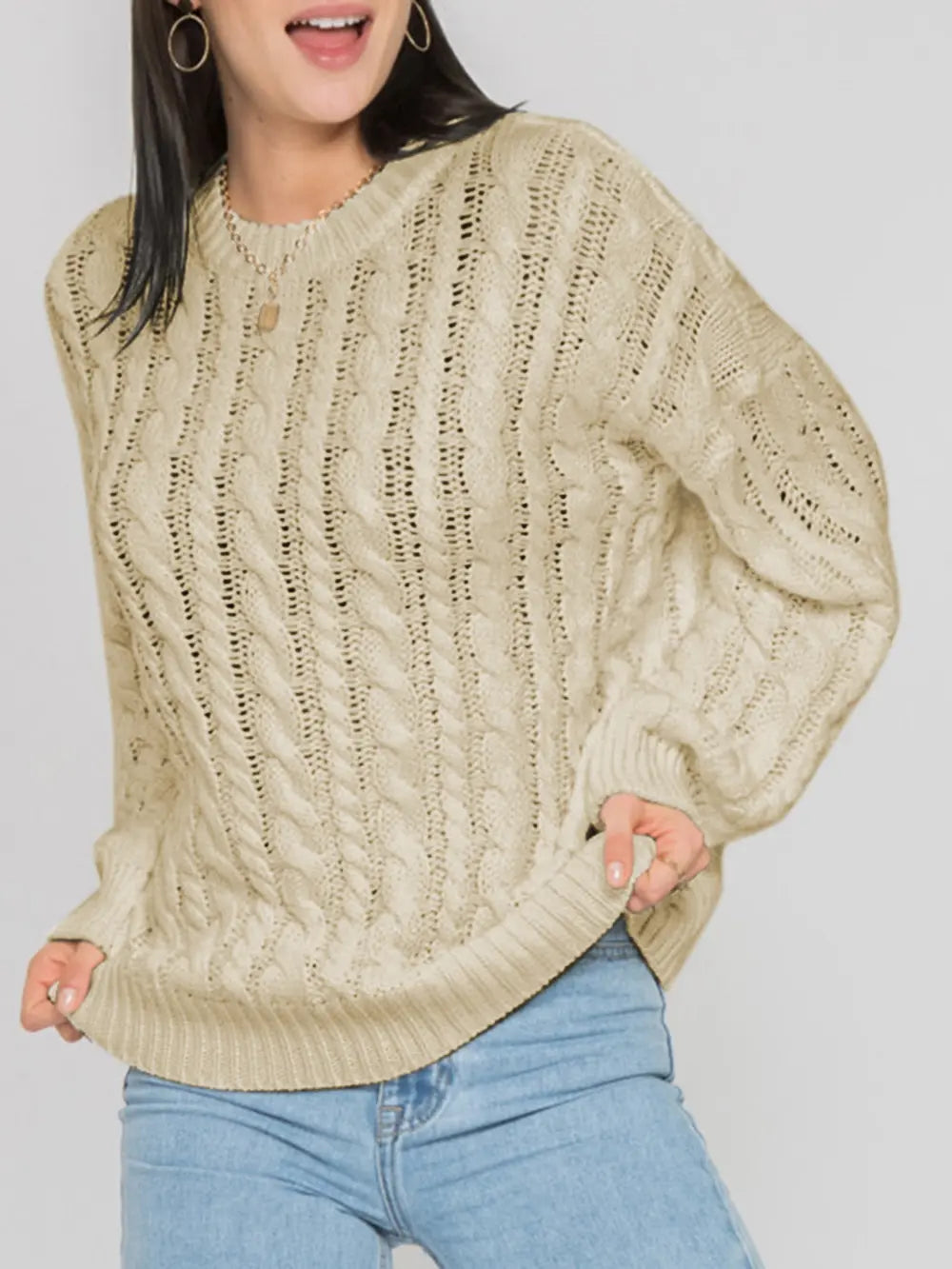 Openwork Round Sleeve Cable-Knit Sweater Trendsi
