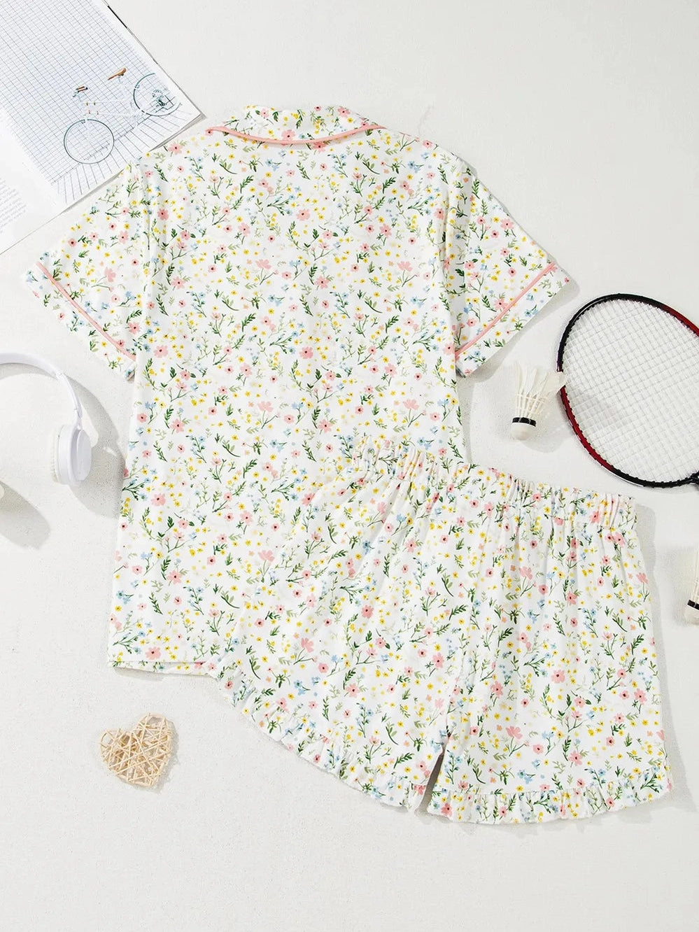 Printed Button Up Short Sleeve Top and Shorts Lounge Set nicholesgifts