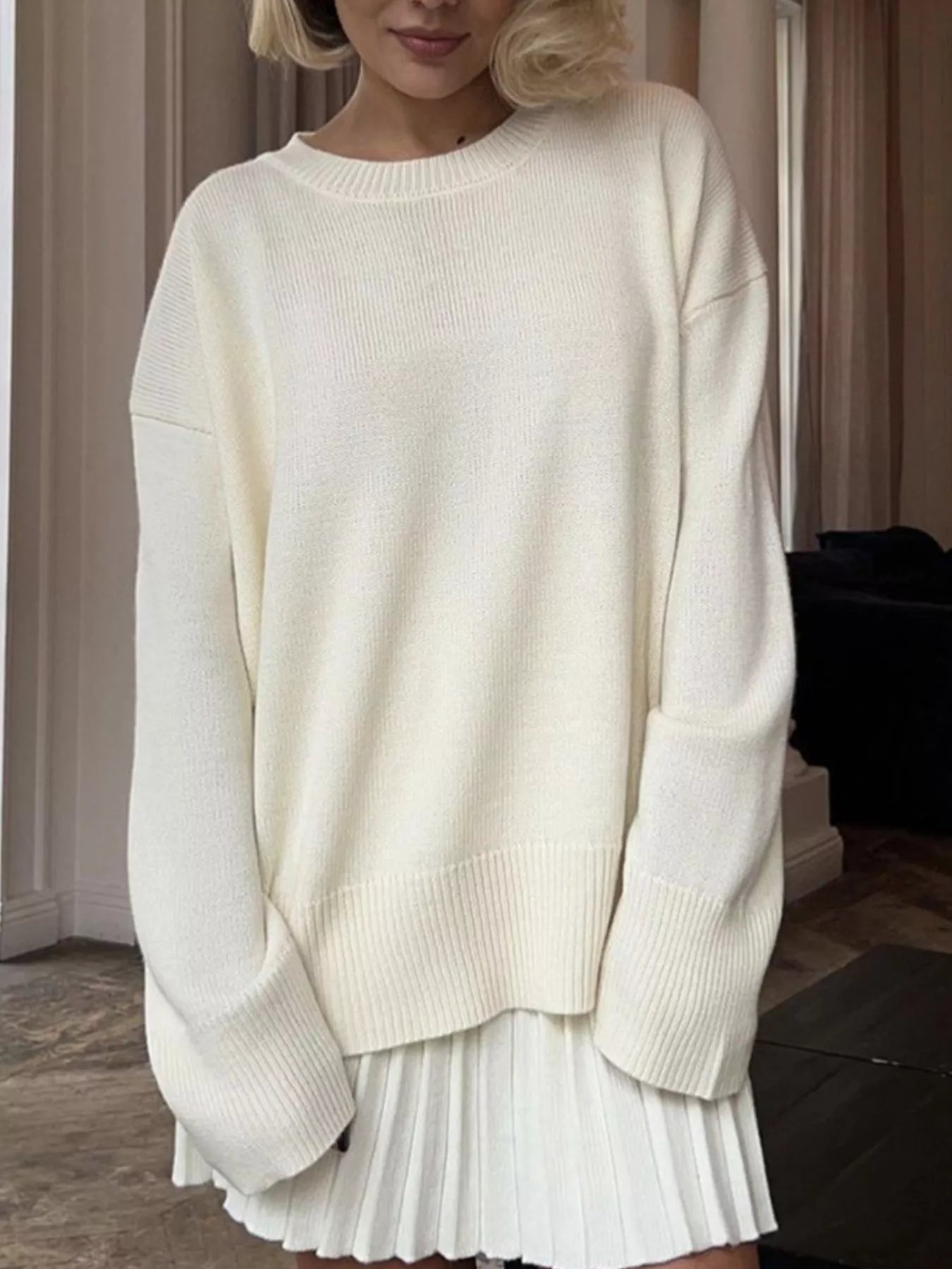 Round Neck Top and Pleated Skirt Sweater Set nicholesgifts