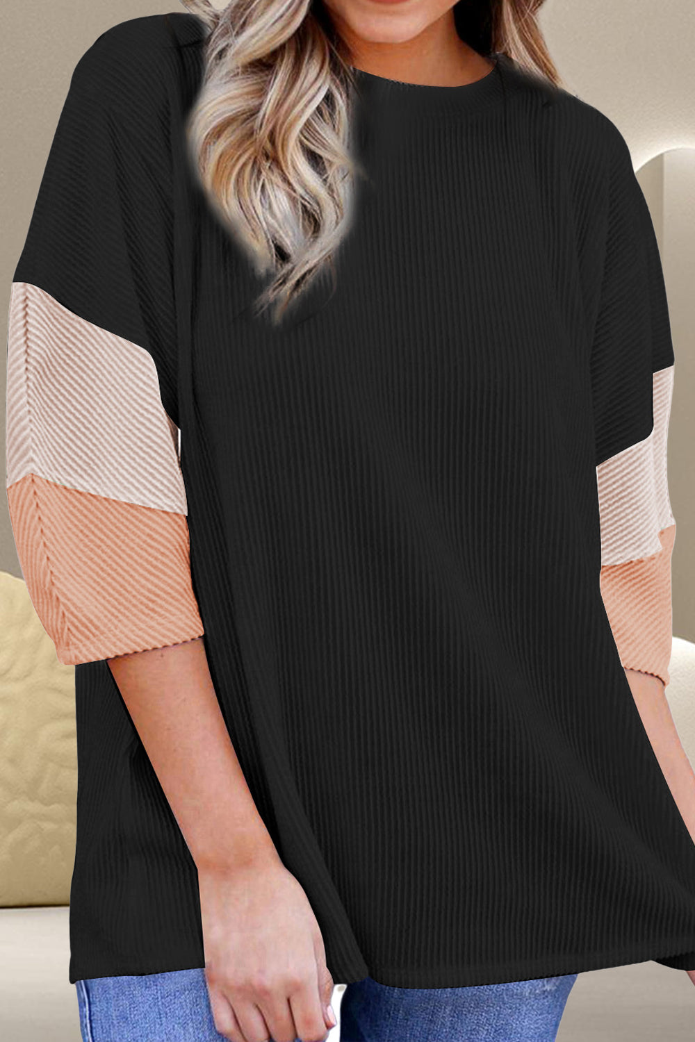 Women Color Block Round Neck Three-Quarter Sleeve Blouse nicholesgifts