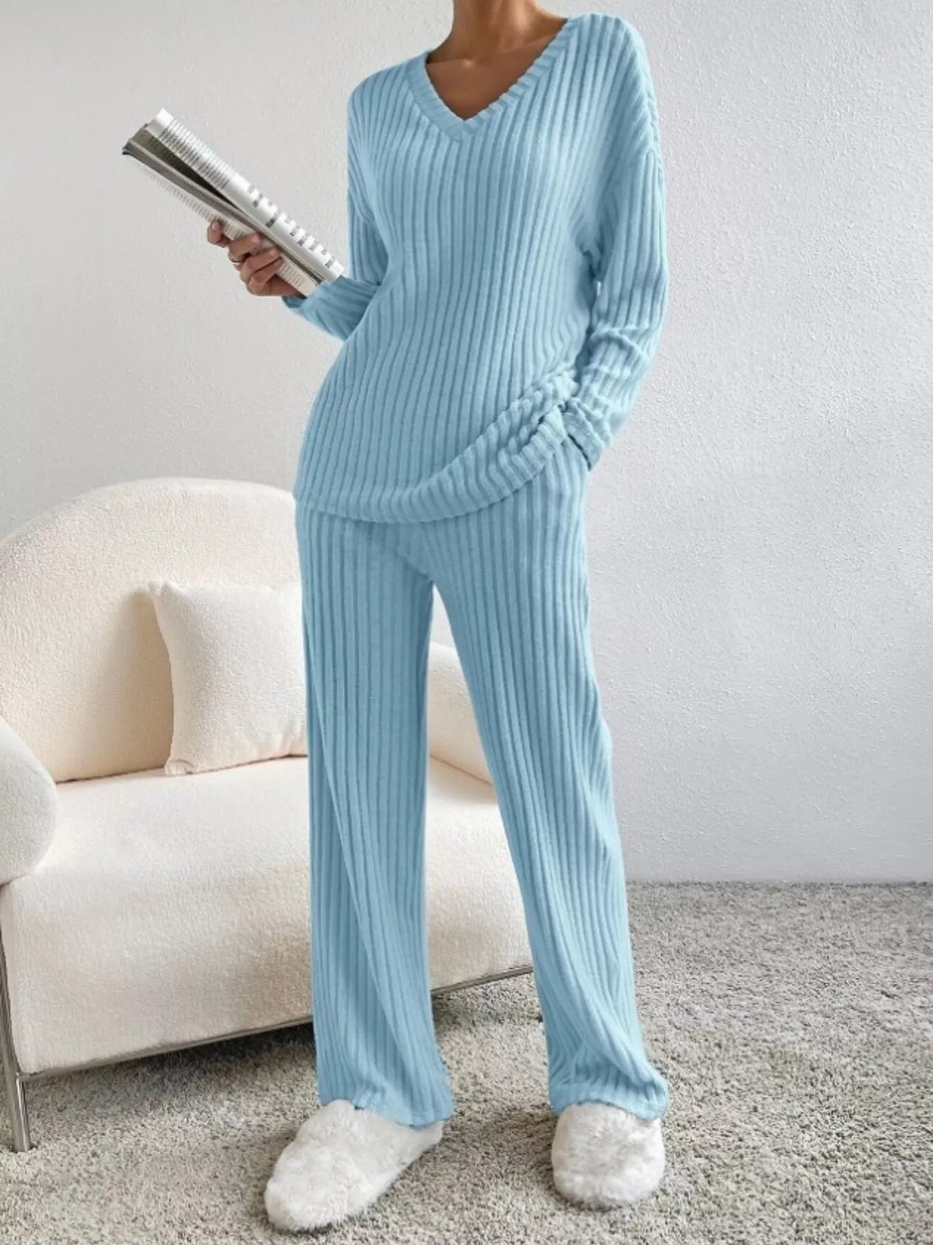 Ribbed Knit V-Neck Top and Pants Set nicholesgifts