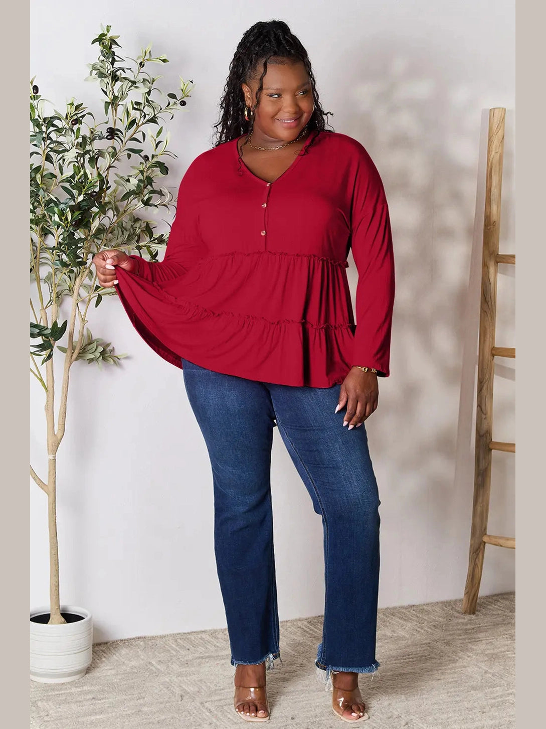 Double Take Half Button Long Sleeve Ruffle Hem Blouse nicholesgifts