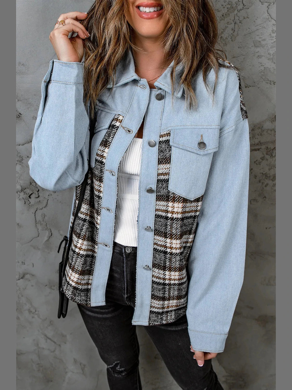 Plaid Pocketed Button Up Denim Jacket nicholesgifts