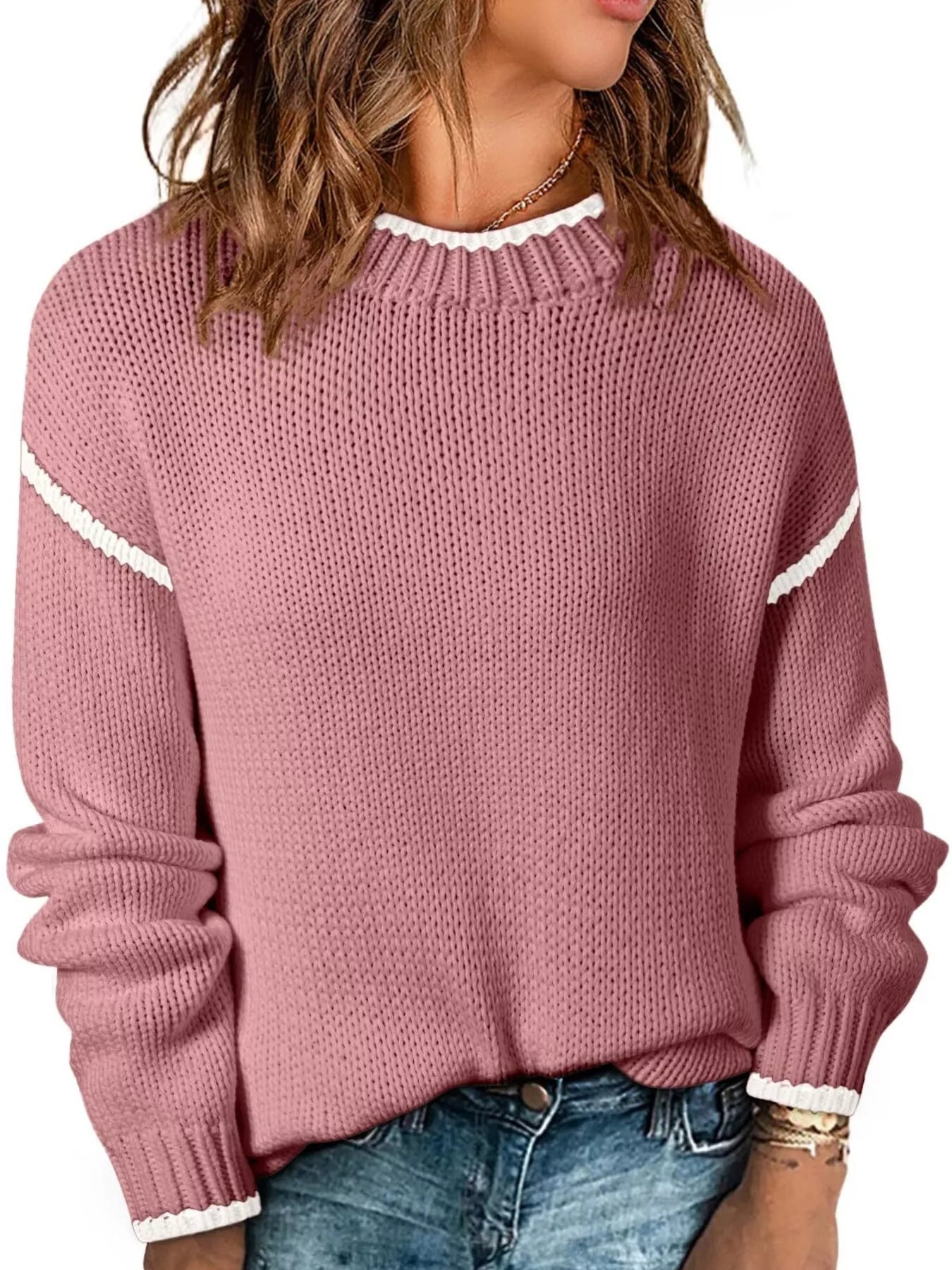 Contrast Trim Long Sleeve Sweater Trendsi