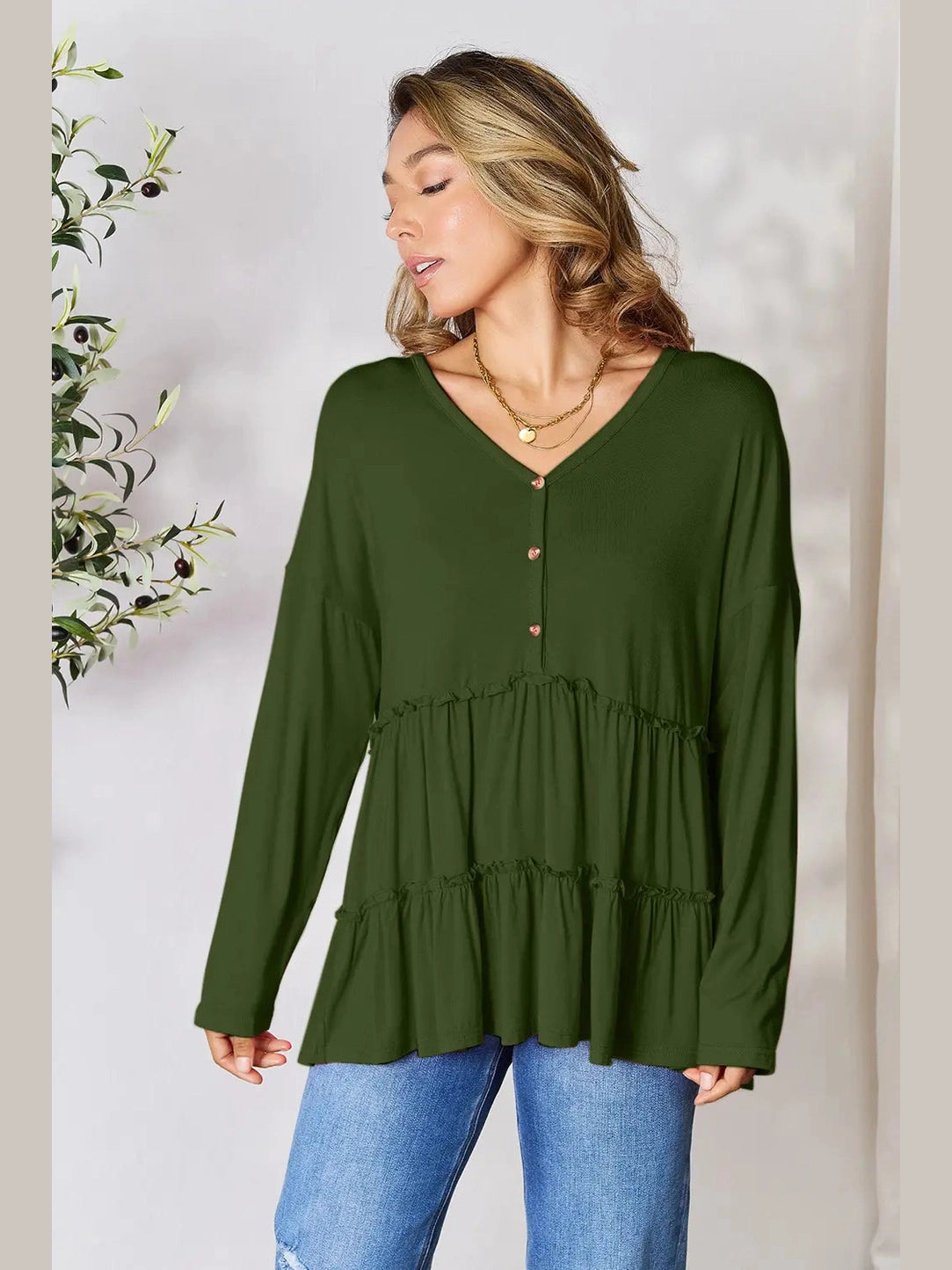Double Take Half Button Long Sleeve Ruffle Hem Blouse nicholesgifts