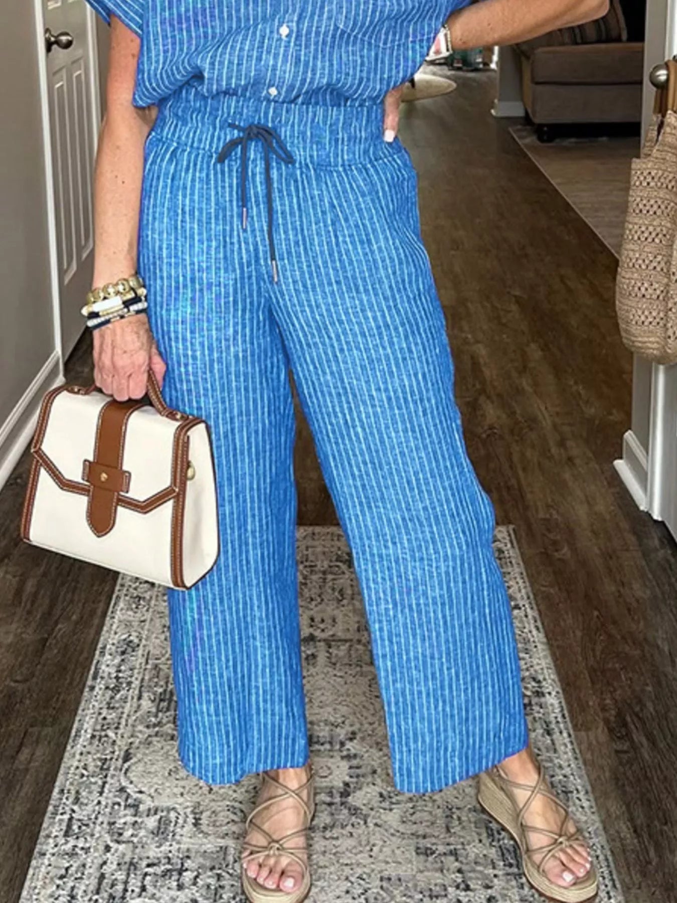 Full Size Striped Button-Up Shirt and Wide Leg Pants Casual Set Plus Size Trendsi