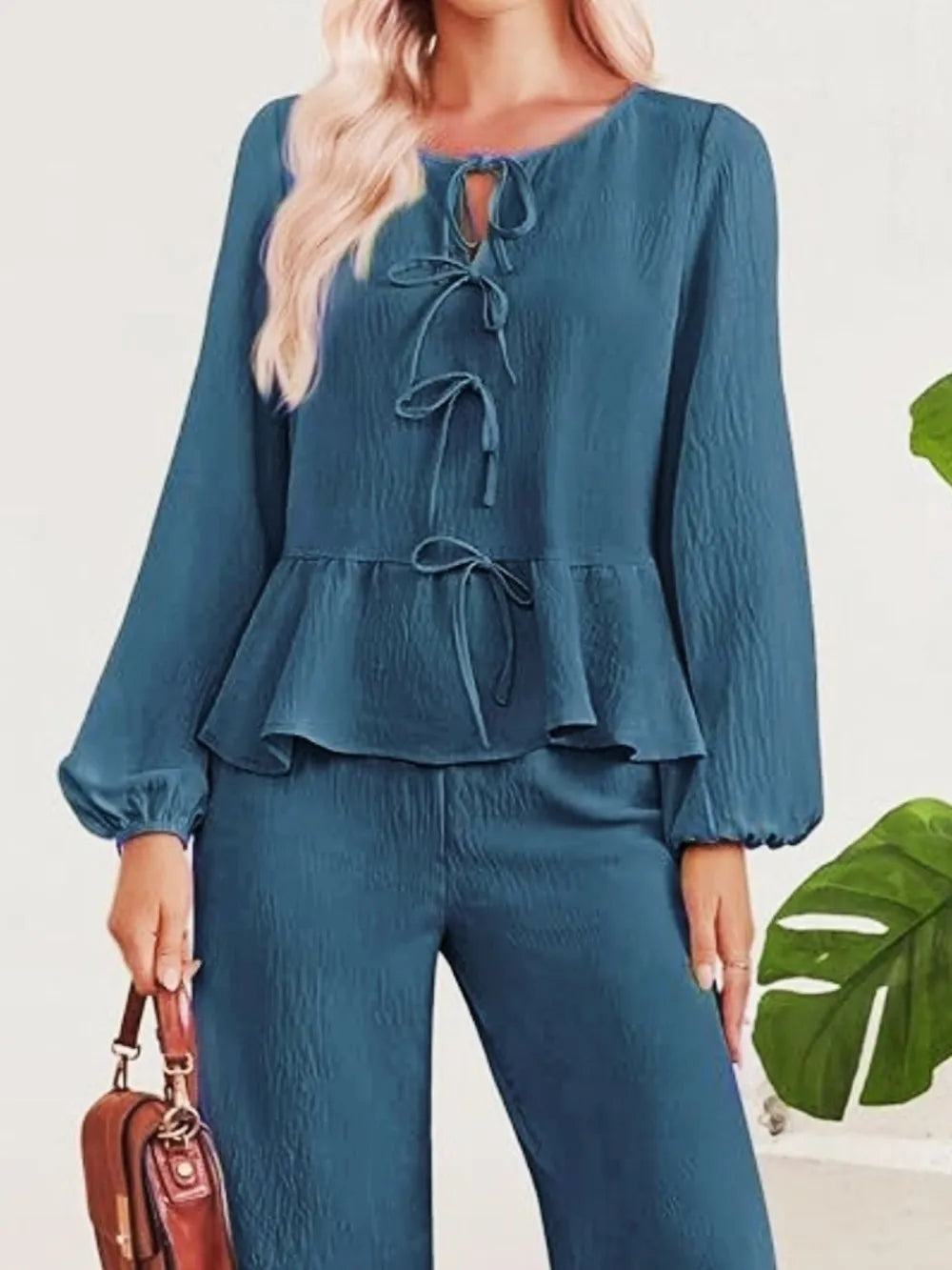 Tie Neck Balloon Sleeve Top and Pants Set nicholesgifts