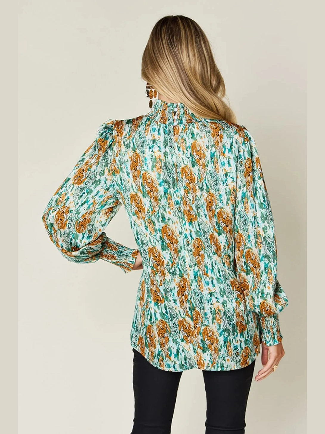 Double Take Full Size Printed Smocked Long Sleeve Blouse nicholesgifts