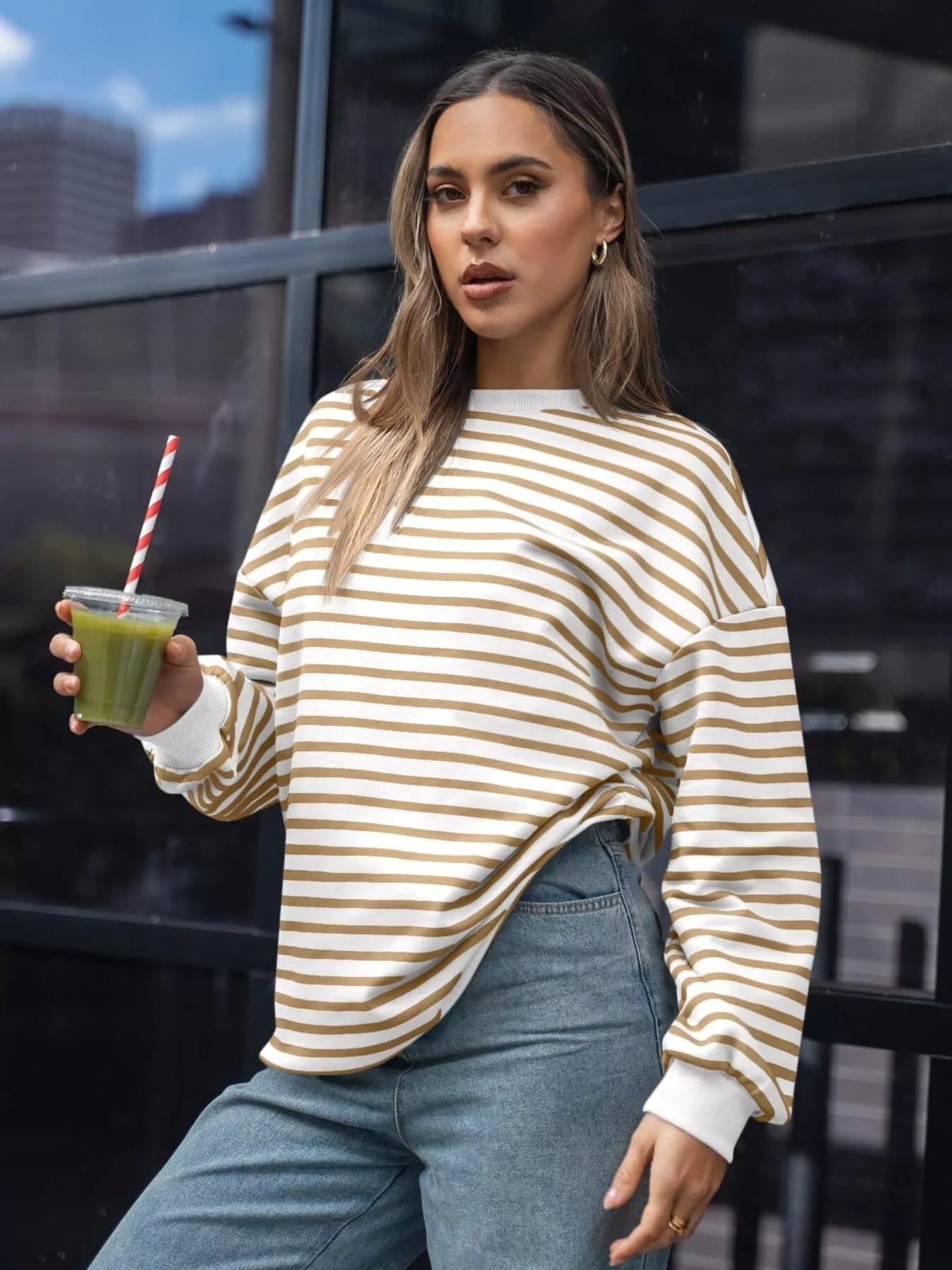 Striped Round Neck Oversized Casual Sweatshirt Trendsi