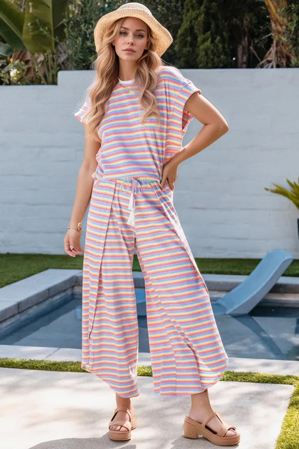 Striped Round Neck Short Sleeve Top and Pants Set NicholesGifts