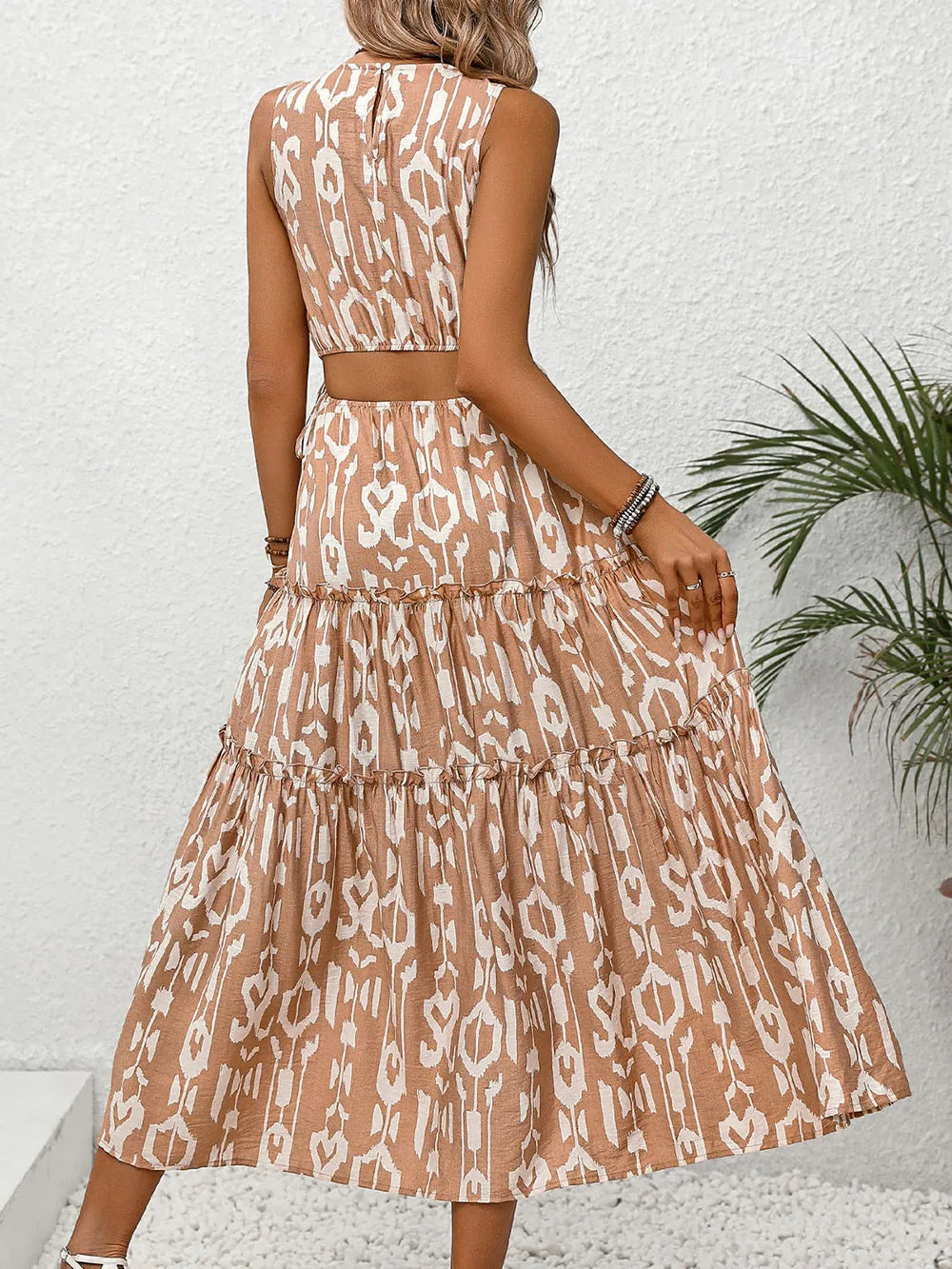 Perfee Frill Cutout Printed Round Neck Sleeveless Dress Trendsi