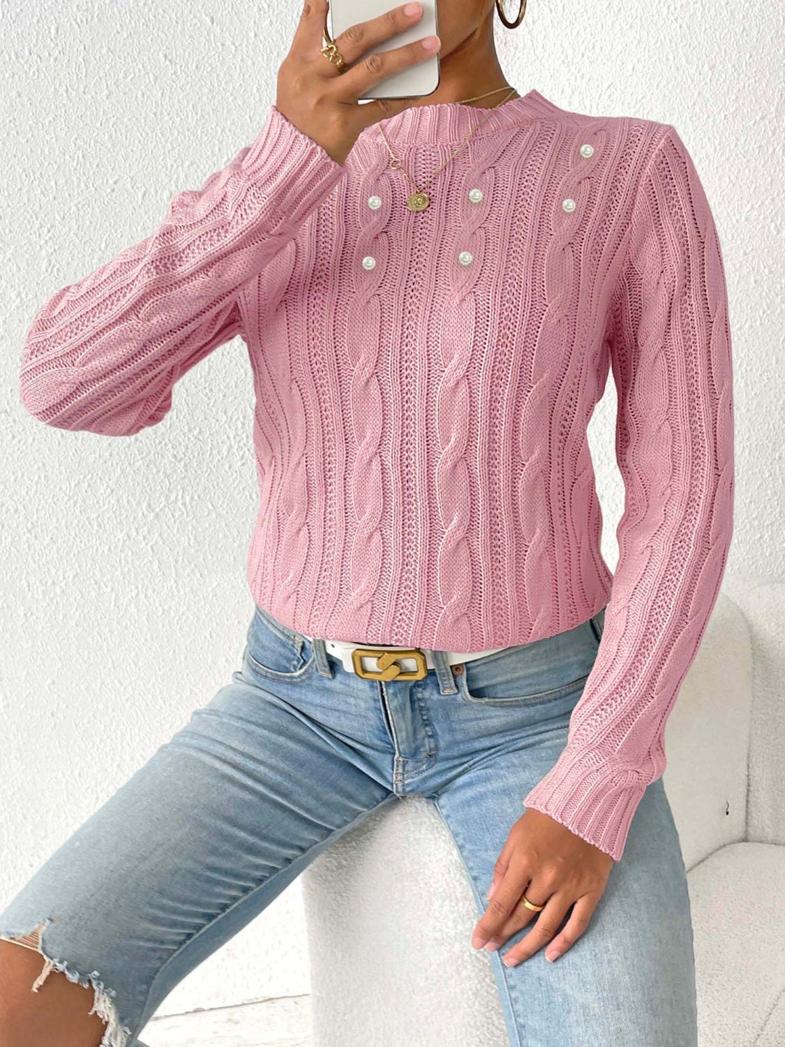 Cable-Knit Round Neck Long Sleeve Sweater nicholesgifts