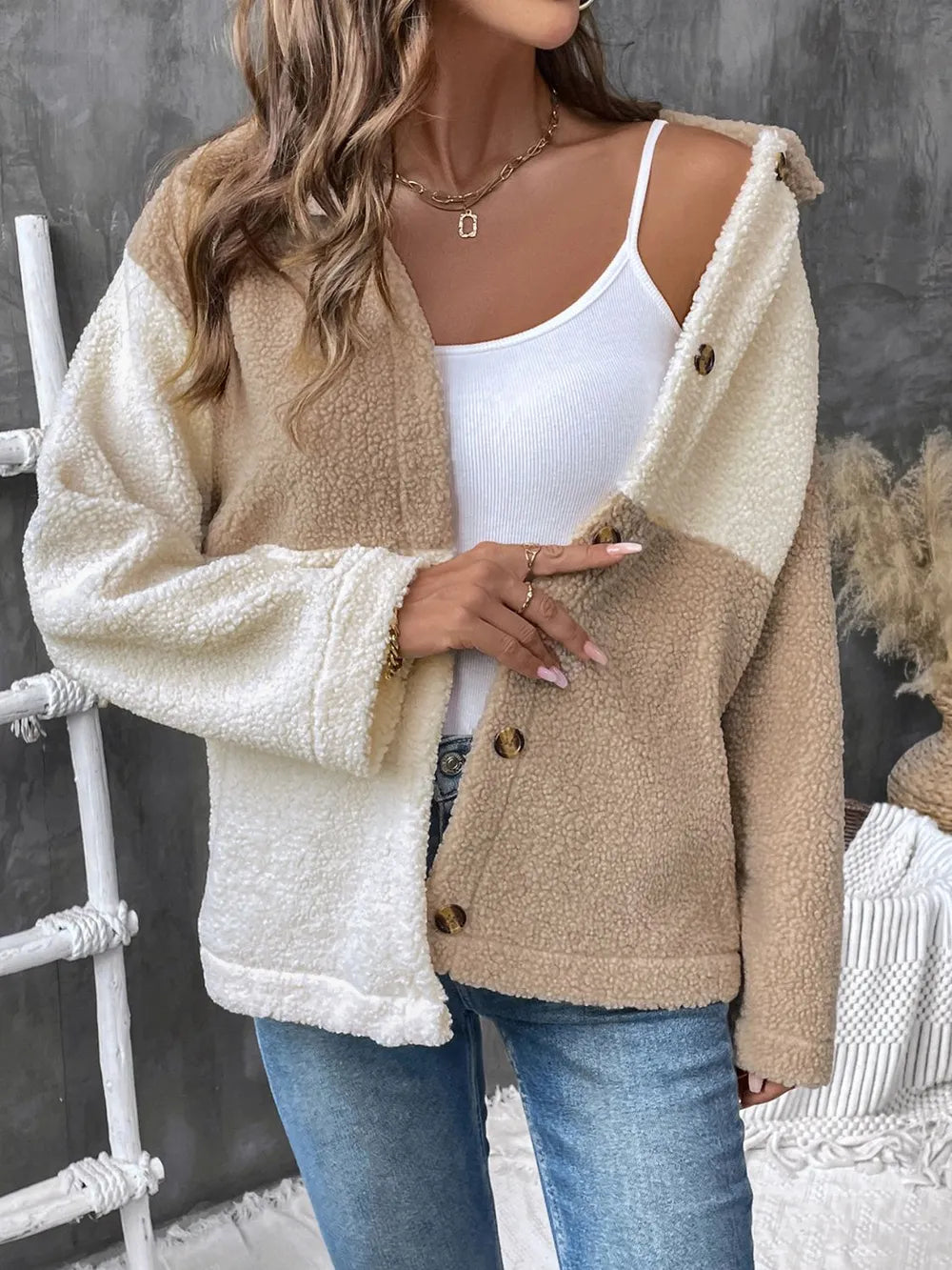 Perfee Color Block Collared Neck Long Sleeve Jacket Trendsi
