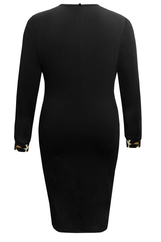 Plus Size Women Leopard Round Neck Long Sleeve Black Dress - NicholesGifts