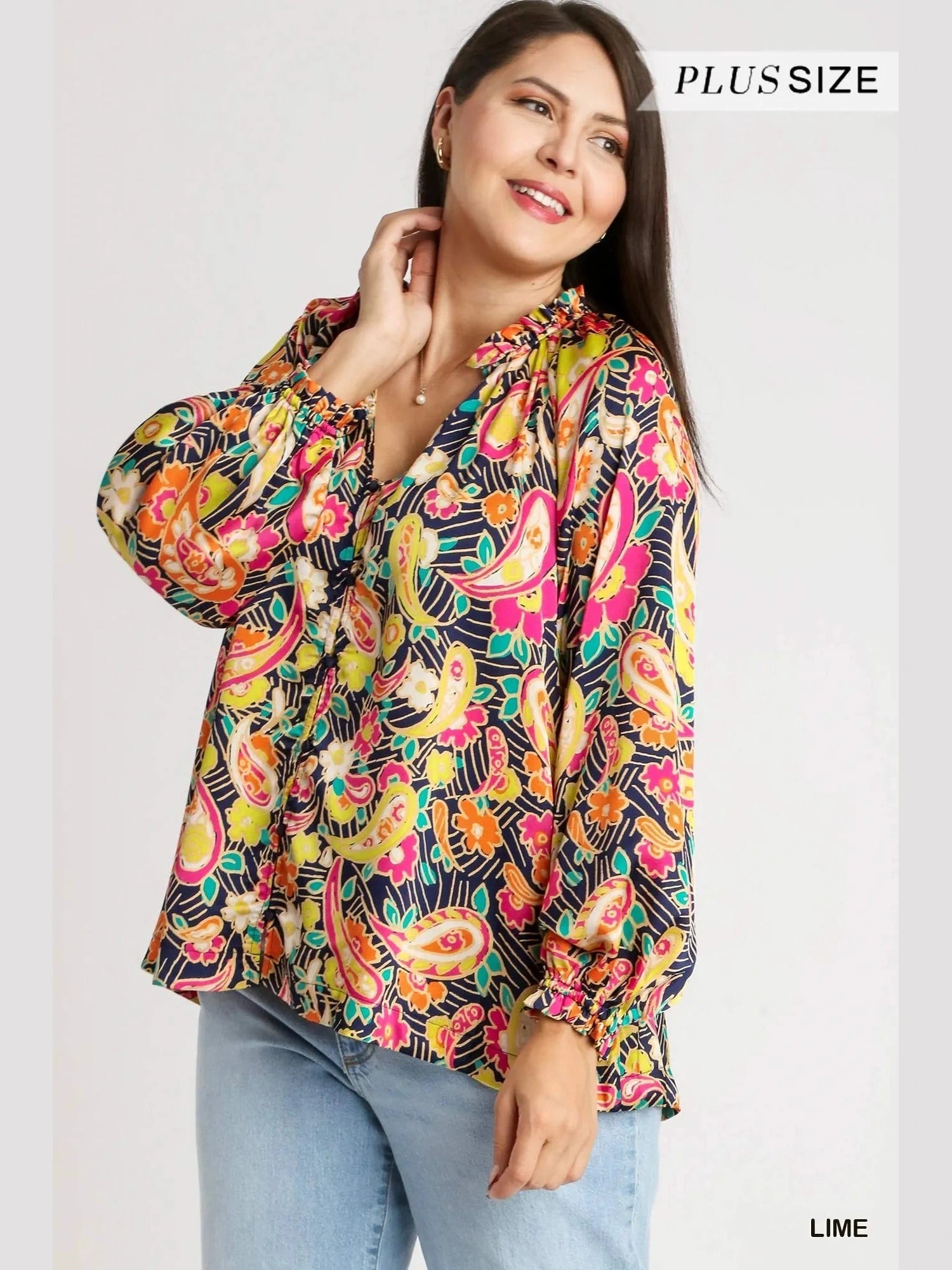 Umgee Full Size Satin Paisley Ruffle Neck Button-Up Shirt Plus Size NicholesGifts