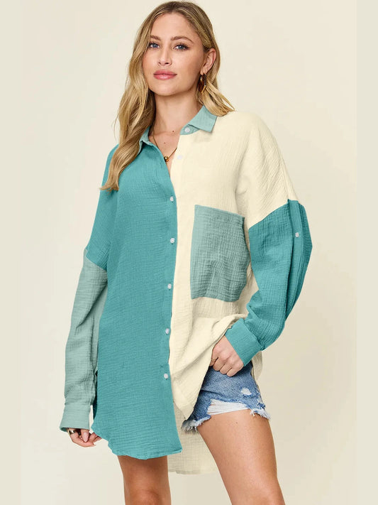 Double Take Full Size Pocketed Texture Button Up Shirt
