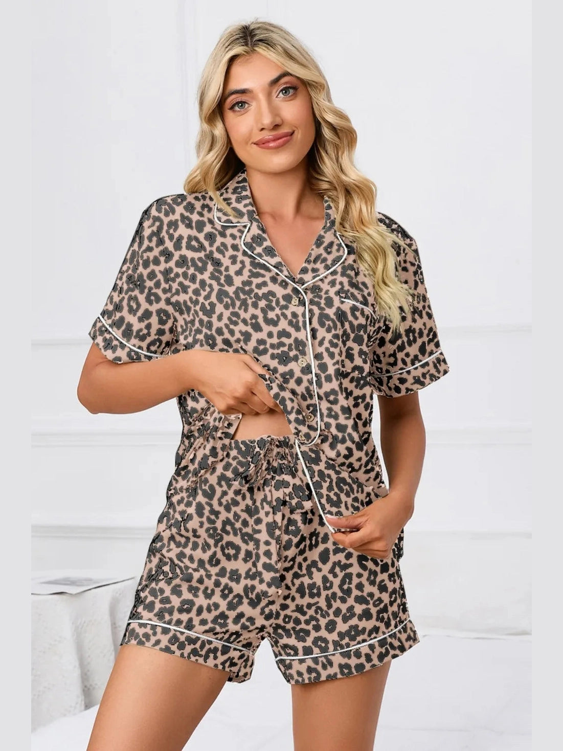 Full Size Leopard Short Sleeve Top and Shorts Lounge Set Plus Size nicholesgifts