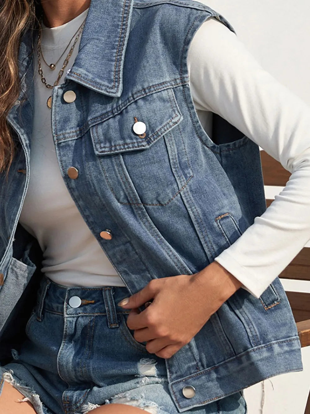 Collared Neck Sleeveless Denim Jacket nicholesgifts