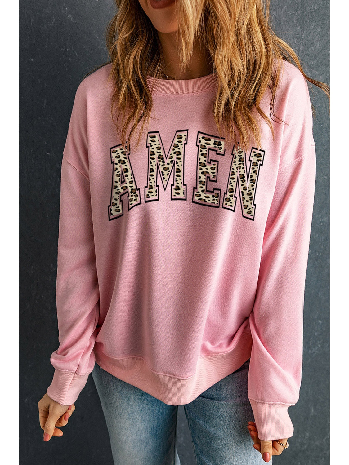 Women Round Neck Dropped Shoulder Amen Graphic Sweatshirt nicholesgifts