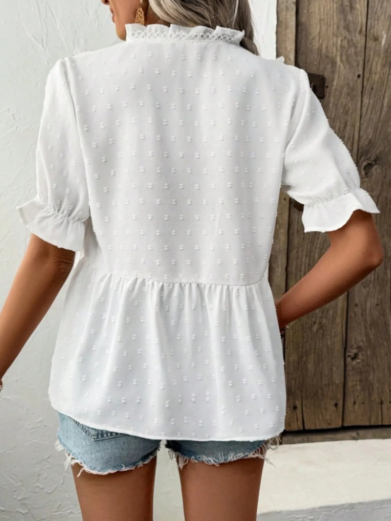 Swiss Dot Ruffled V-Neck Blouse with Flounce Sleeves NicholesGifts