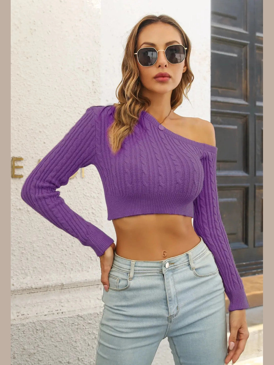 Cable-Knit One Shoulder Long Sleeve Sweater Trendsi