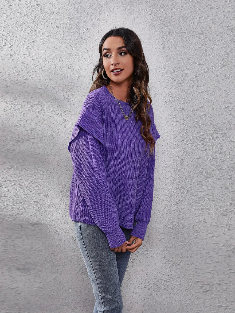 Ruffled Round Neck Dropped Shoulder Sweater Trendsi