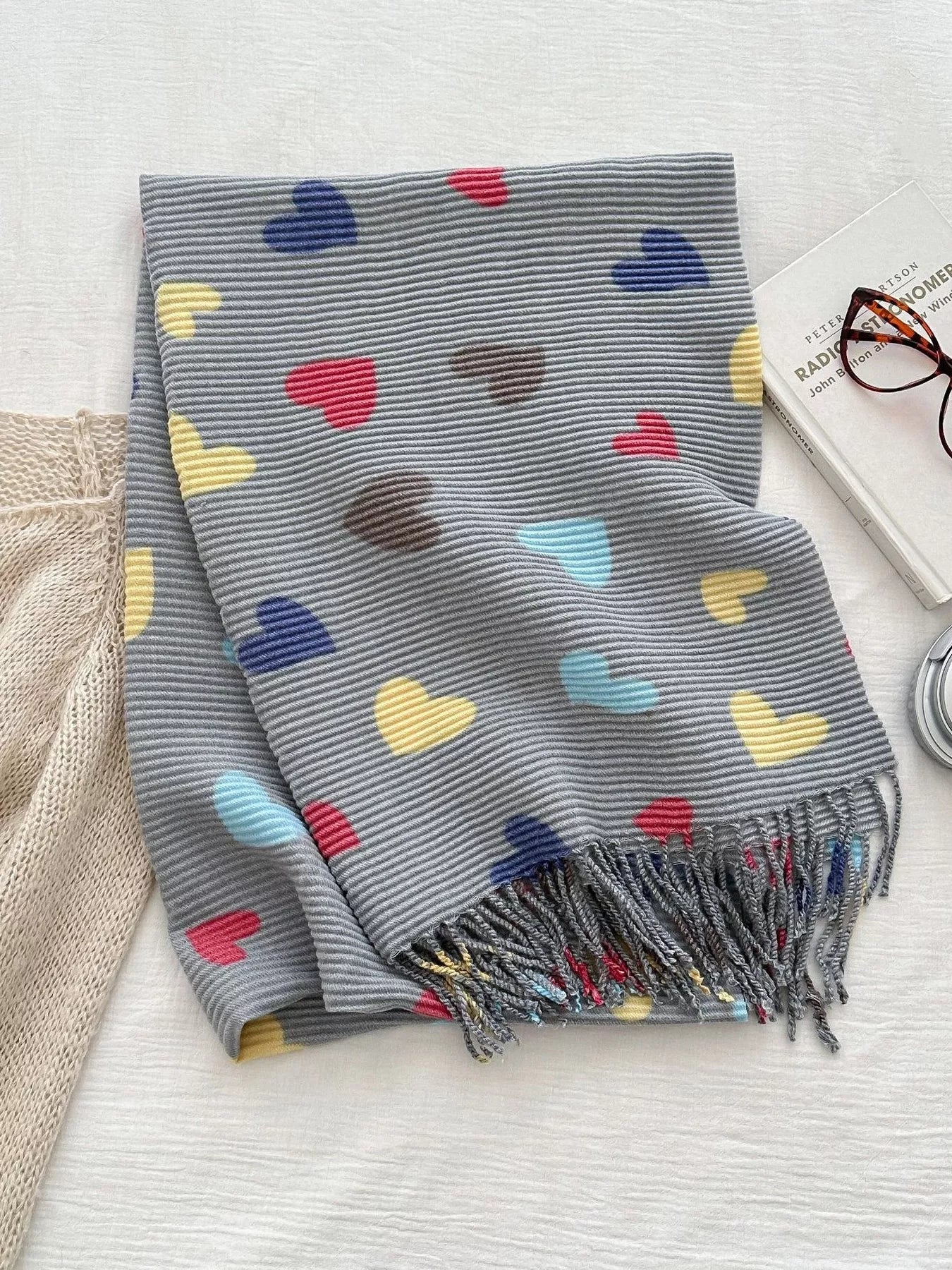 Women Heart Patterned Tassel Scarf Valentine's Day Gift For Her nicholesgifts