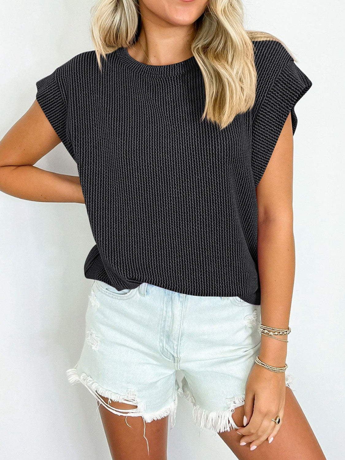 Textured Round Neck Cap Sleeve Blouse nicholesgifts