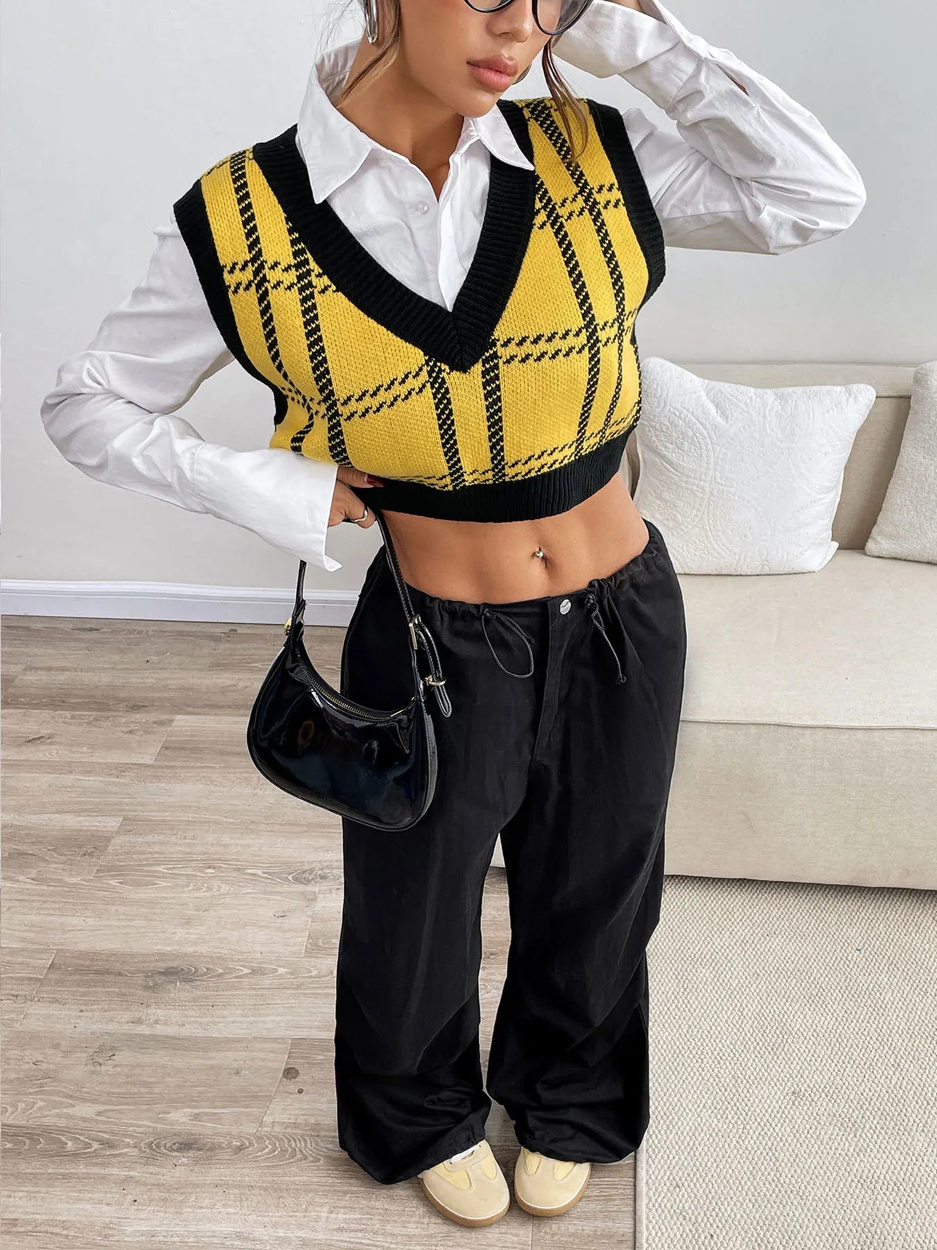 Plaid V-Neck Cropped Sweater Vest Trendsi
