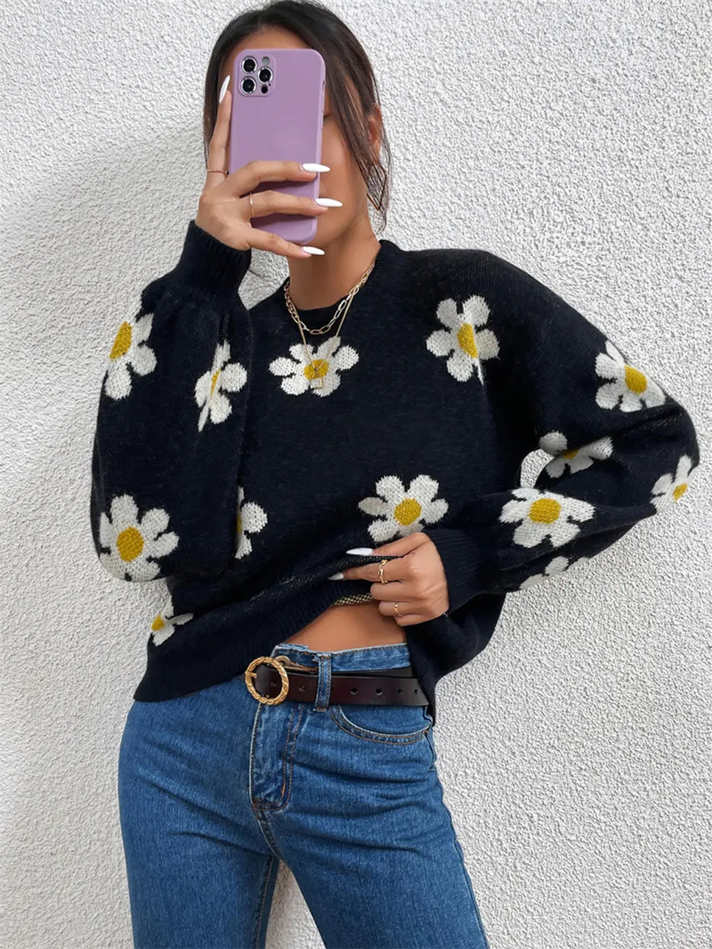 Flower Round Neck Latern Sleeve Sweater Trendsi