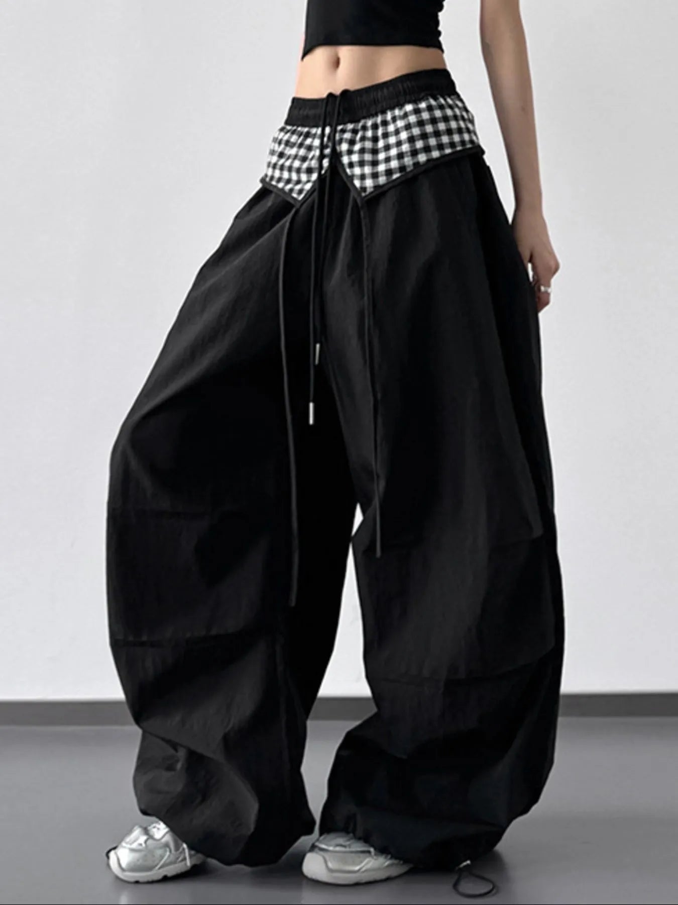 Wide Leg Pants with Checkered Detail Trendsi