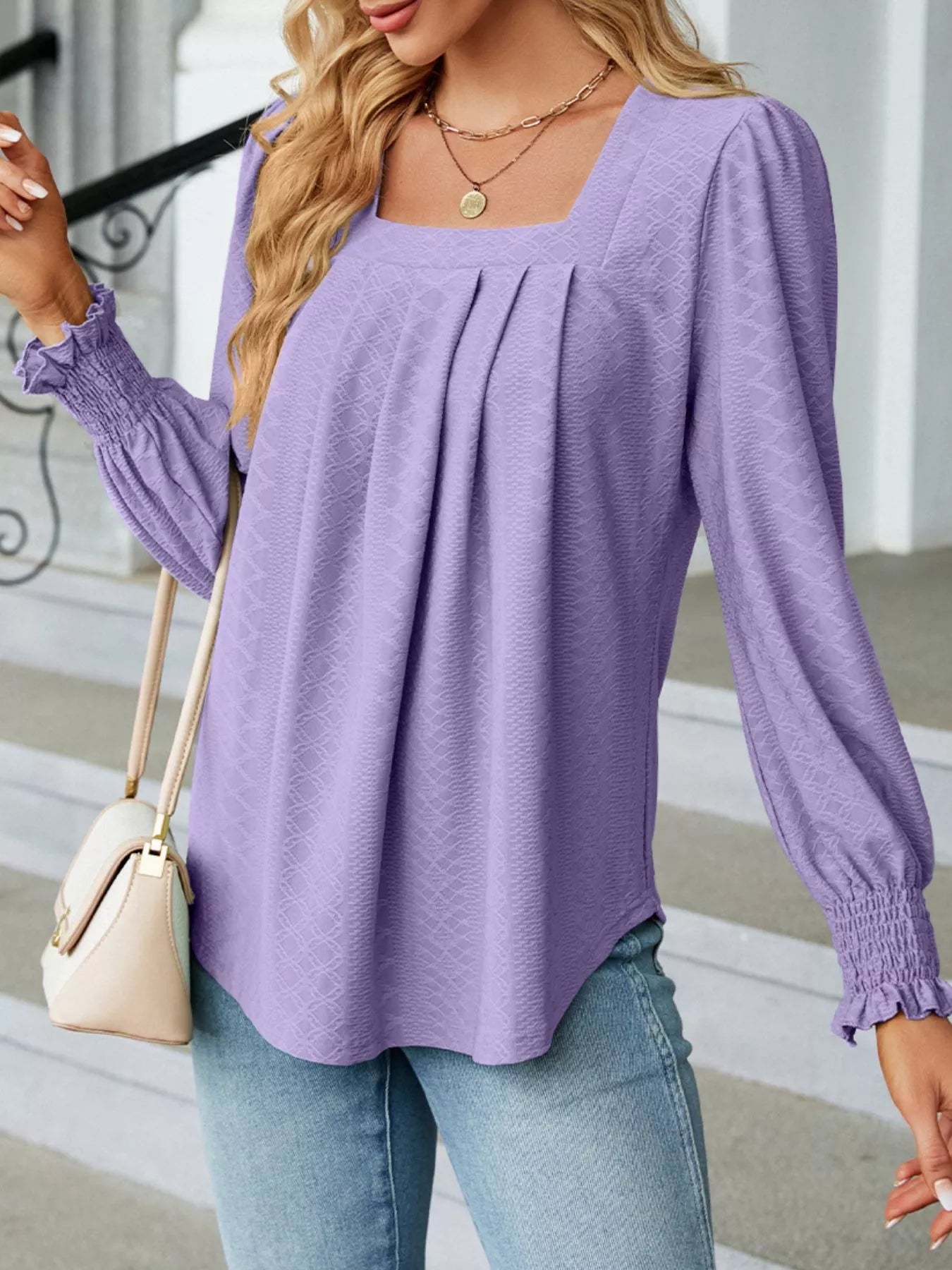 Pleated Square Neck Long Sleeve Top Trendsi