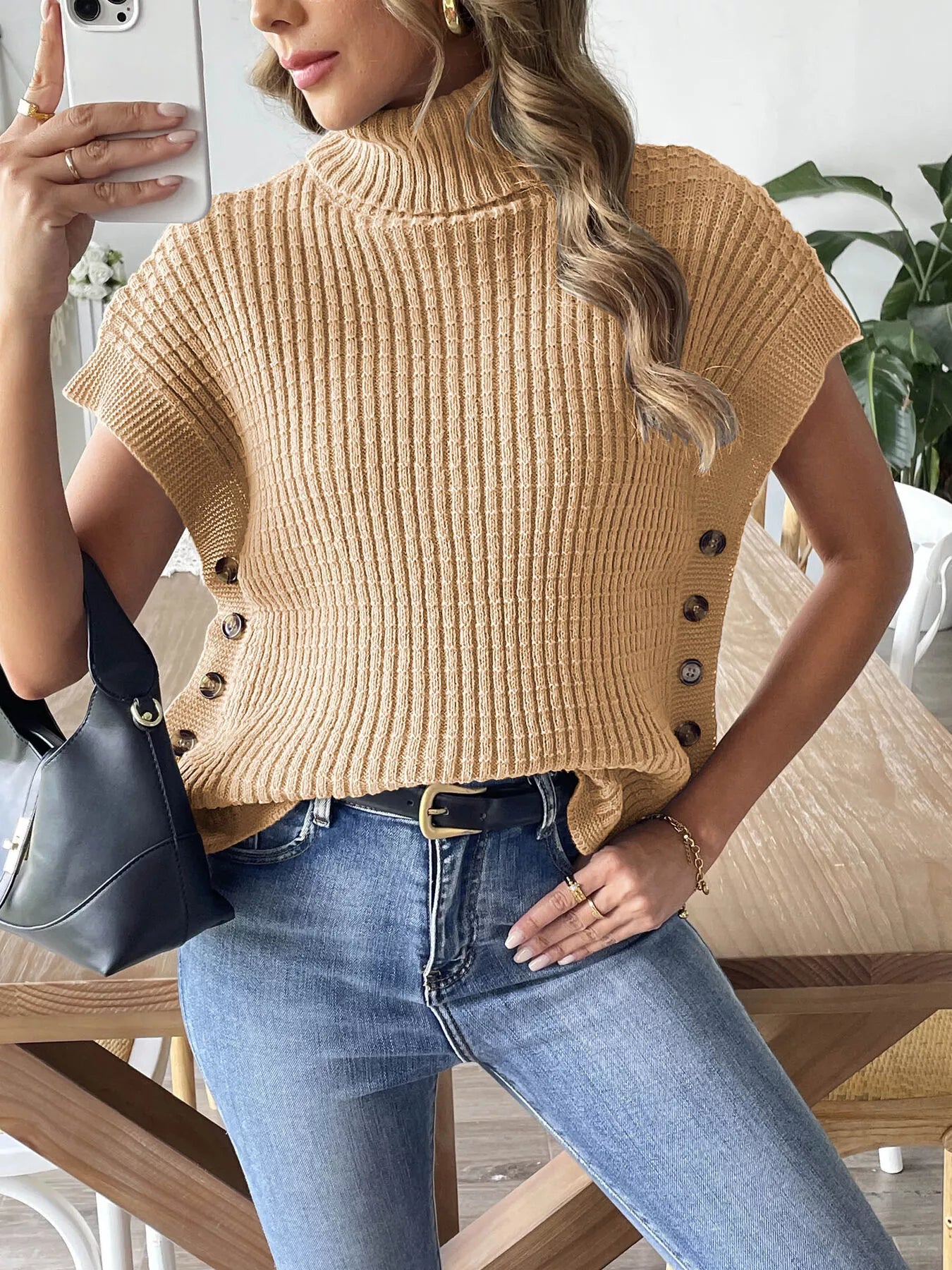 Turtleneck Side Decor Button Sweater Vest nicholesgifts