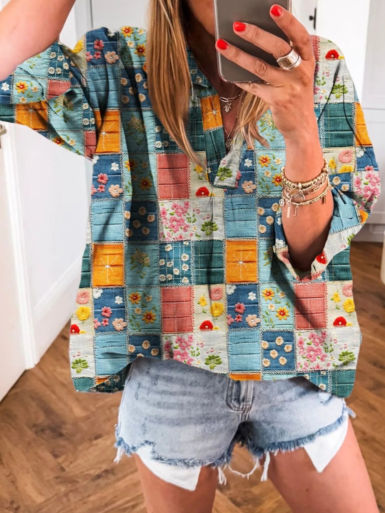 Patchwork Print Notched Long Sleeve Blouse NicholesGifts