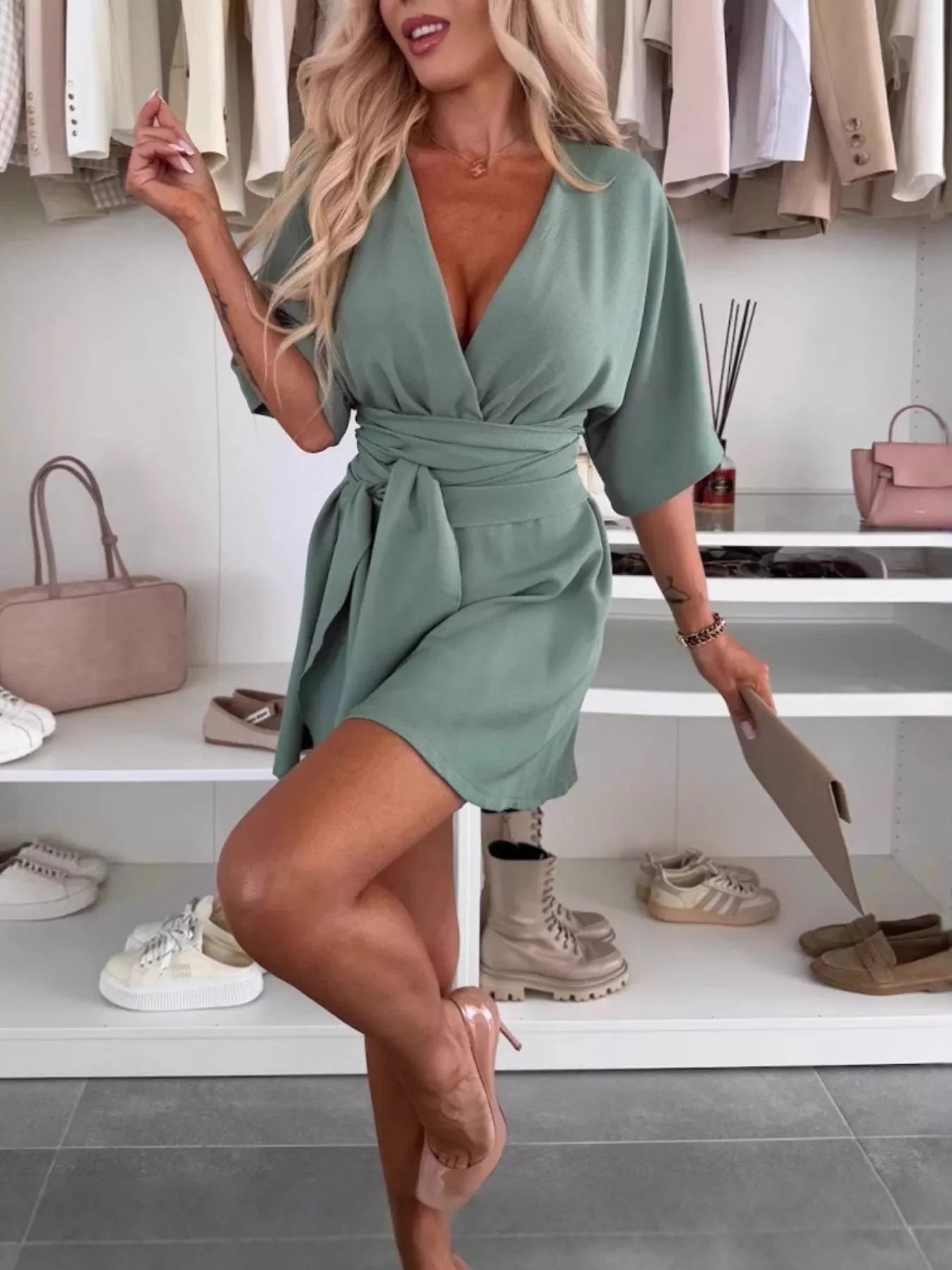 Full Size Surplice Tie Waist Romper Plus Size nicholesgifts