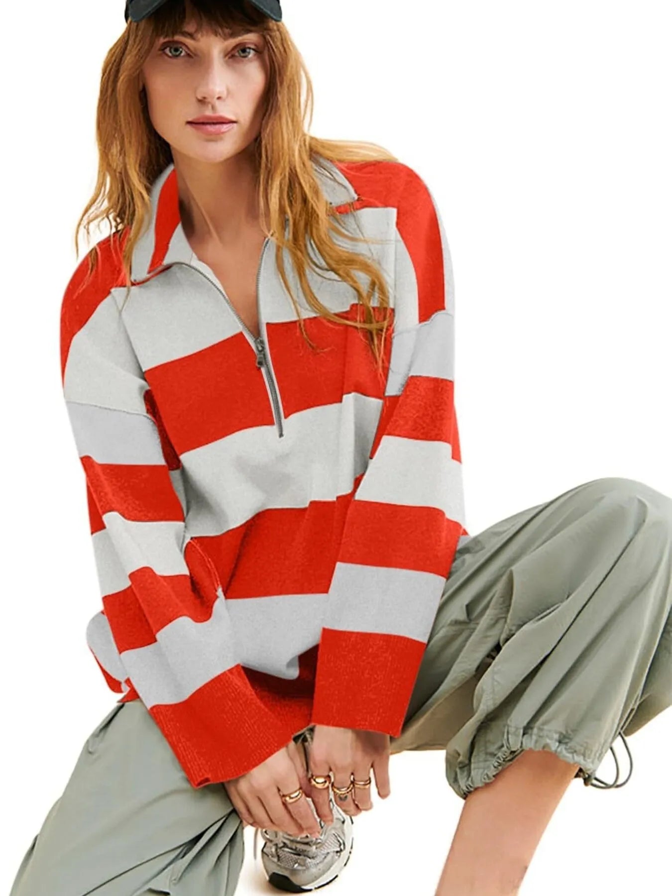 Striped Half-Zip Oversized Sweatshirt NicholesGifts