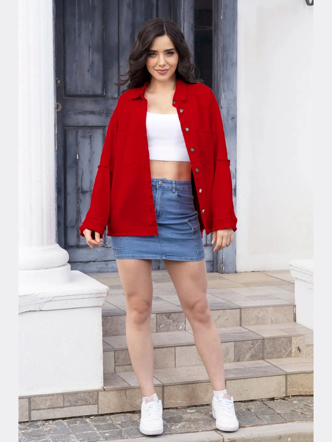 Raw Hem Pocketed Collared Neck Denim Jacket nicholesgifts