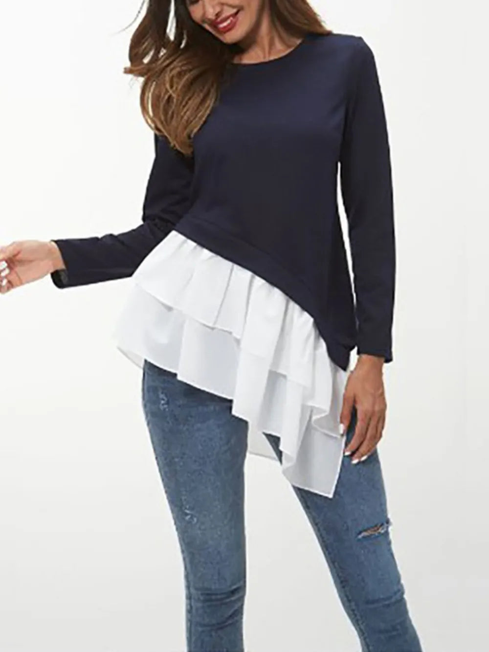 Ivy Lane Tiered Contrast Round Neck Long Sleeve T-Shirt nicholesgifts