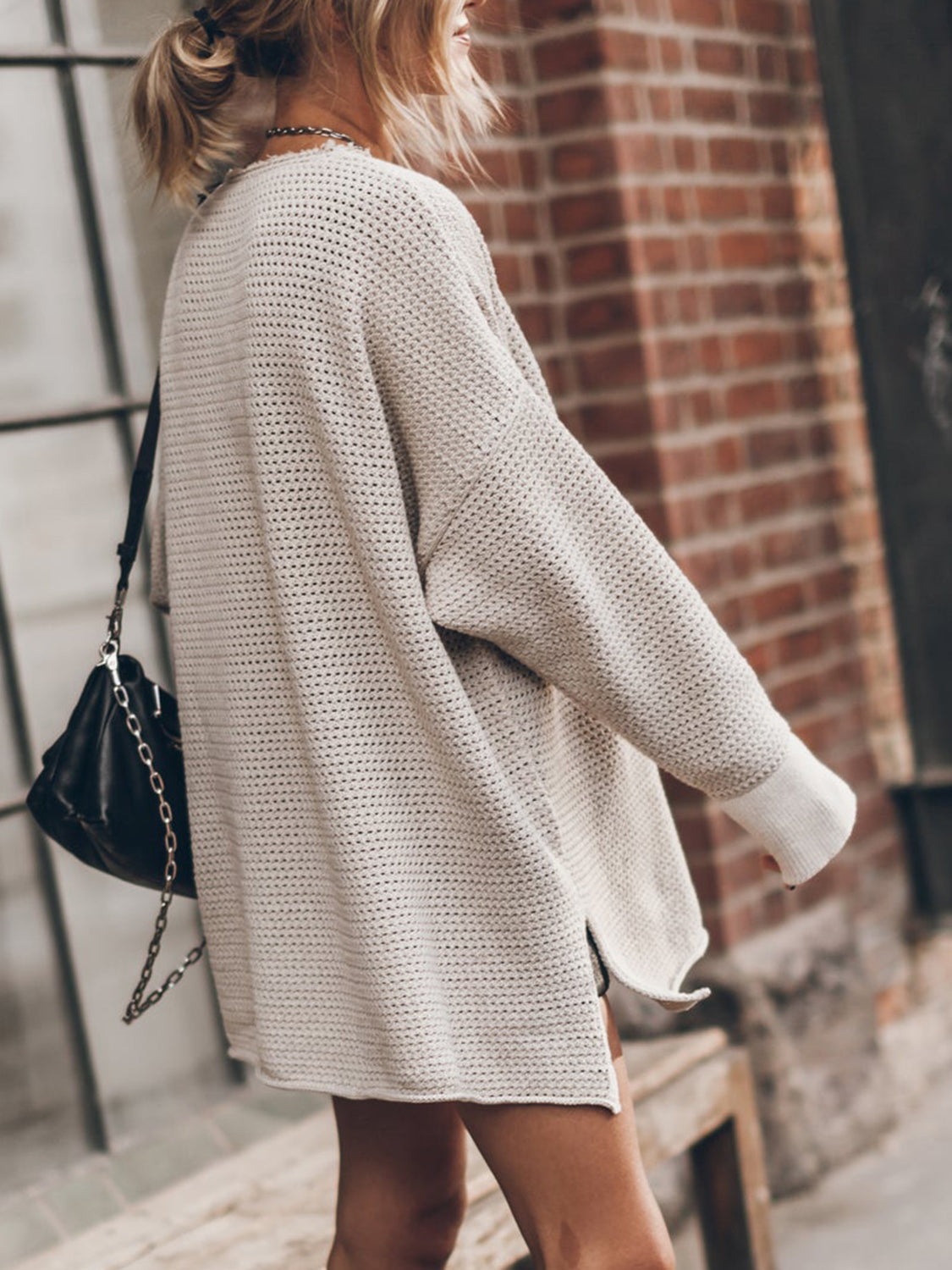 Openwork Round Neck Long Sleeve Slit Sweater nicholesgifts