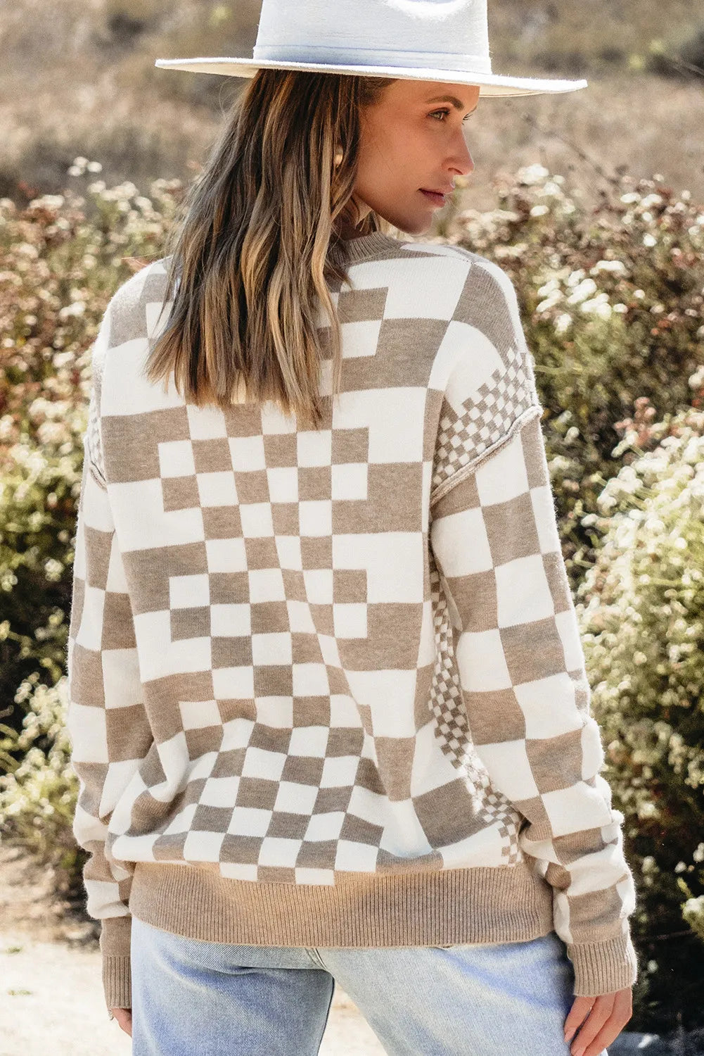 Women Checkered Round Neck Long Sleeve Sweater