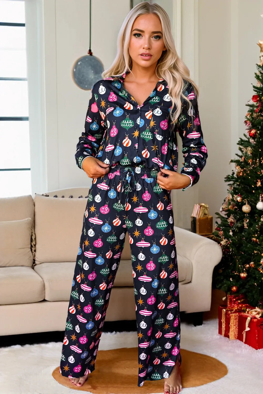 Christmas Lights Print Collared Neck Top and Pants Set Trendsi