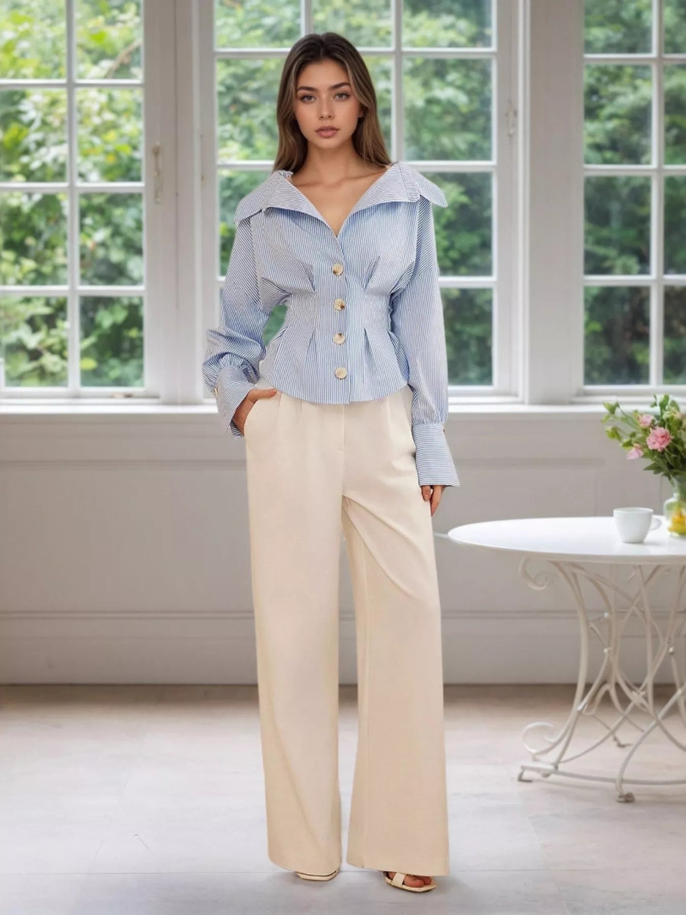 Striped Button-Up Long Sleeve Shirt Trendsi
