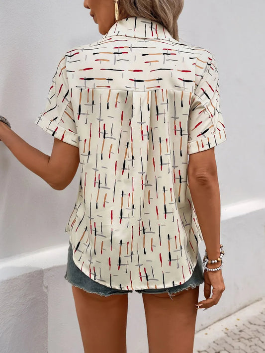 Perfee Printed Collared Neck Short Sleeve Shirt nicholesgifts