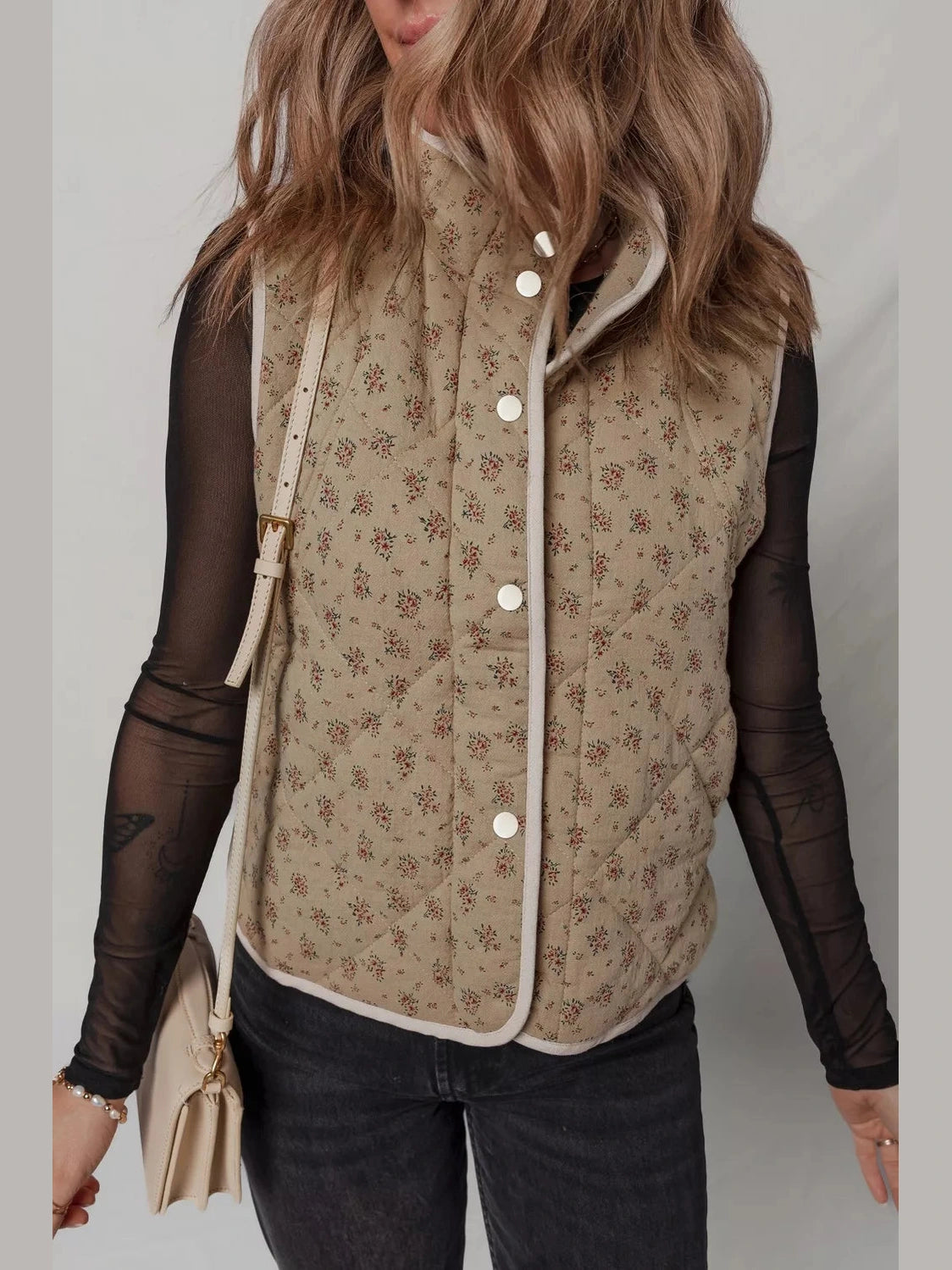 Floral Print Quilted Concealed Button Vest nicholesgifts